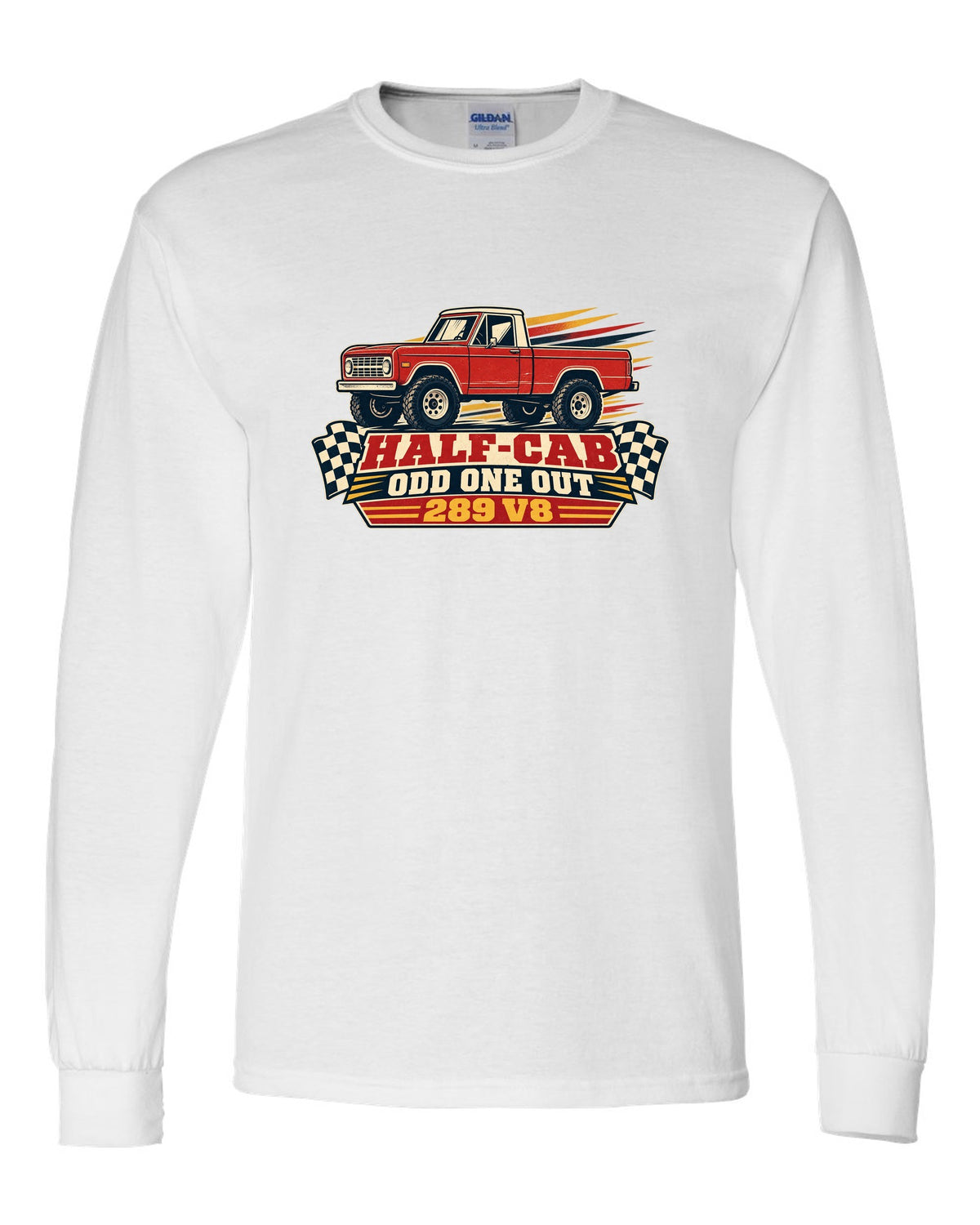 Vintage race poster art of a 1966-72 Ford Bronco U14 half-cab with HALF-CAB ODD ONE OUT lettering white long sleeve front view with the design
