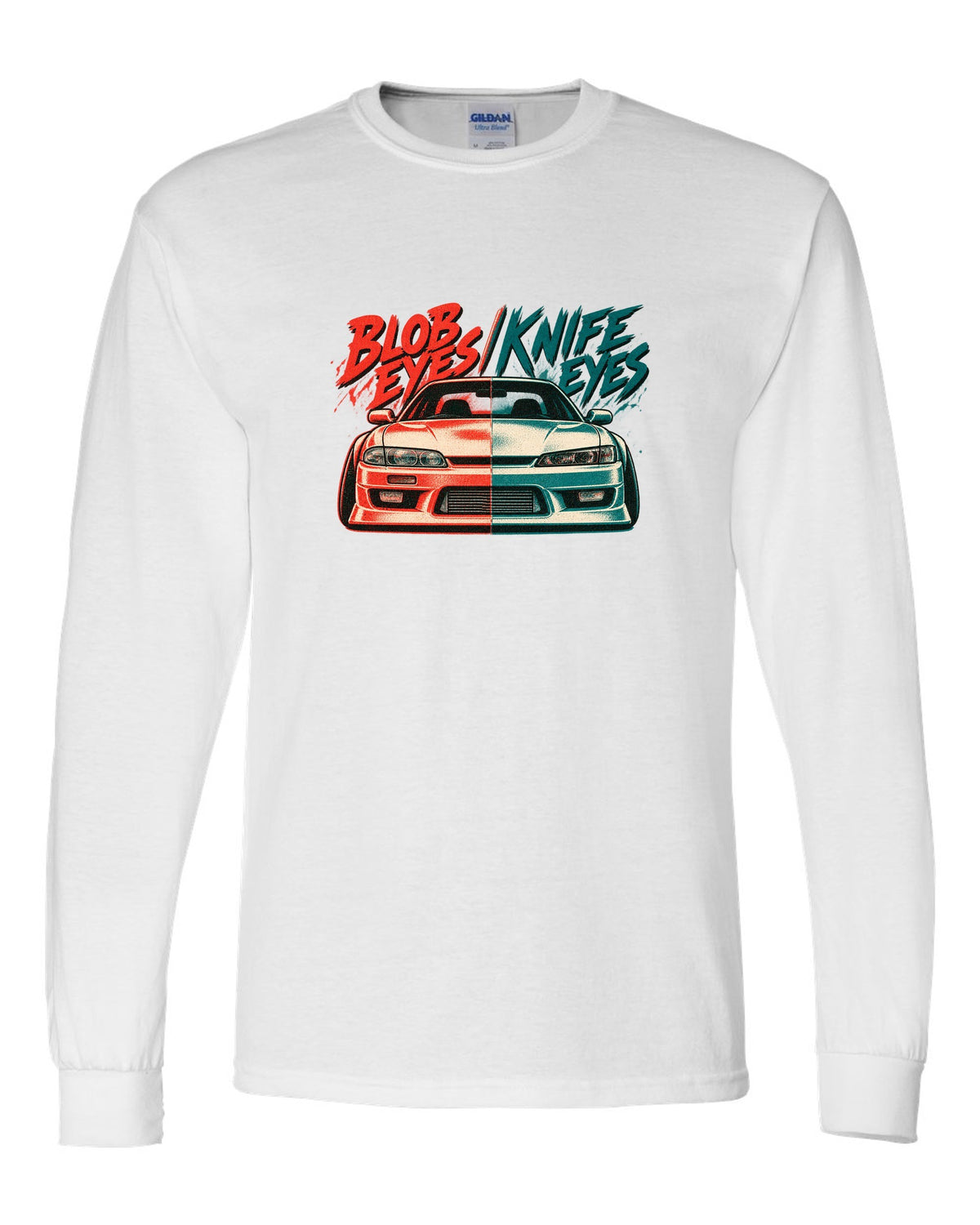 Risograph two-colour print comparing Nissan Silvia S14 zenki and kouki front ends white long sleeve front view with the design
