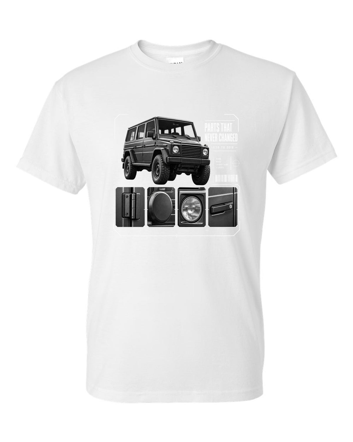 Three-panel dossier print of a Mercedes G-Class W463 with Parts T Never Changed lettering white t-shirt front view with the design