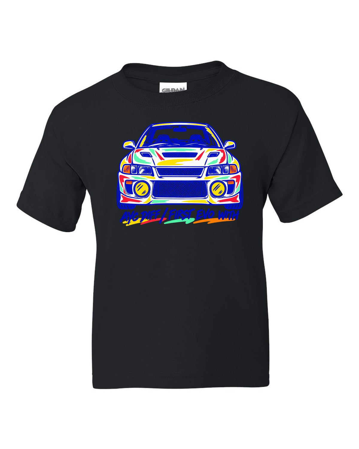 Mono-line napkin sketch of a Mitsubishi Lancer Evolution IV CN9A black kids tee front view with the design
