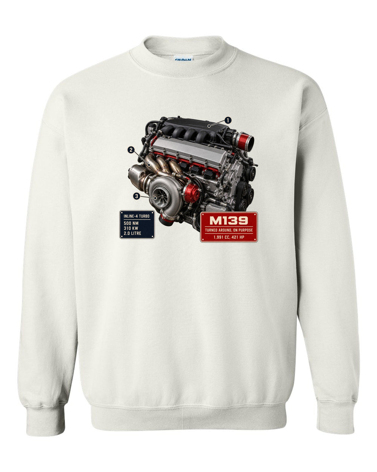 Mercedes-AMG M139 2.0 litre turbo four engine hero print white crewneck front view with the design
