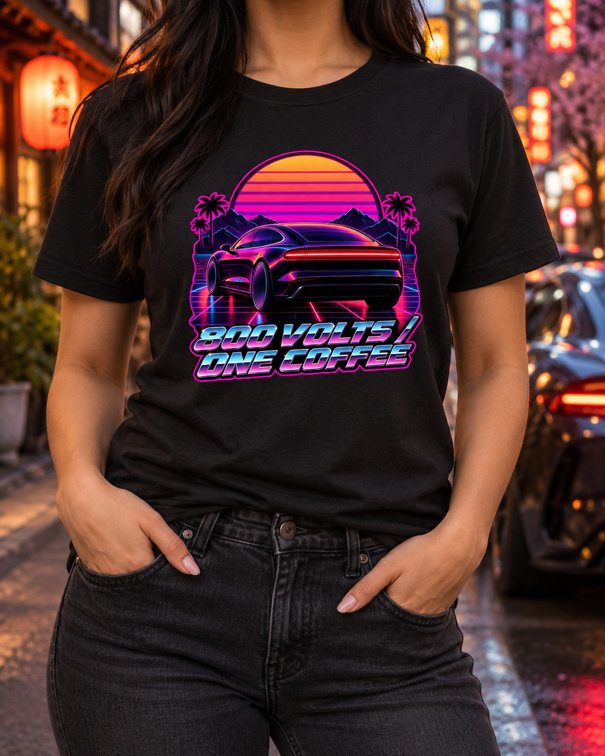 Porsche Taycan Turbo S 9J1 Synthwave Outrun Shirt, EV Tee T-Shirt Black worn hero