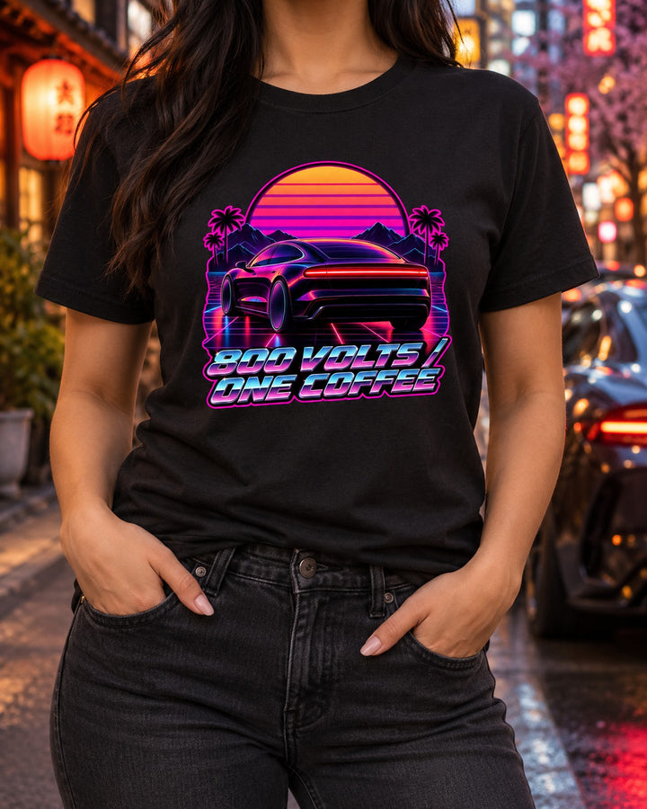 Porsche Taycan Turbo S 9J1 Synthwave Outrun Shirt, EV Tee T-Shirt Black worn hero
