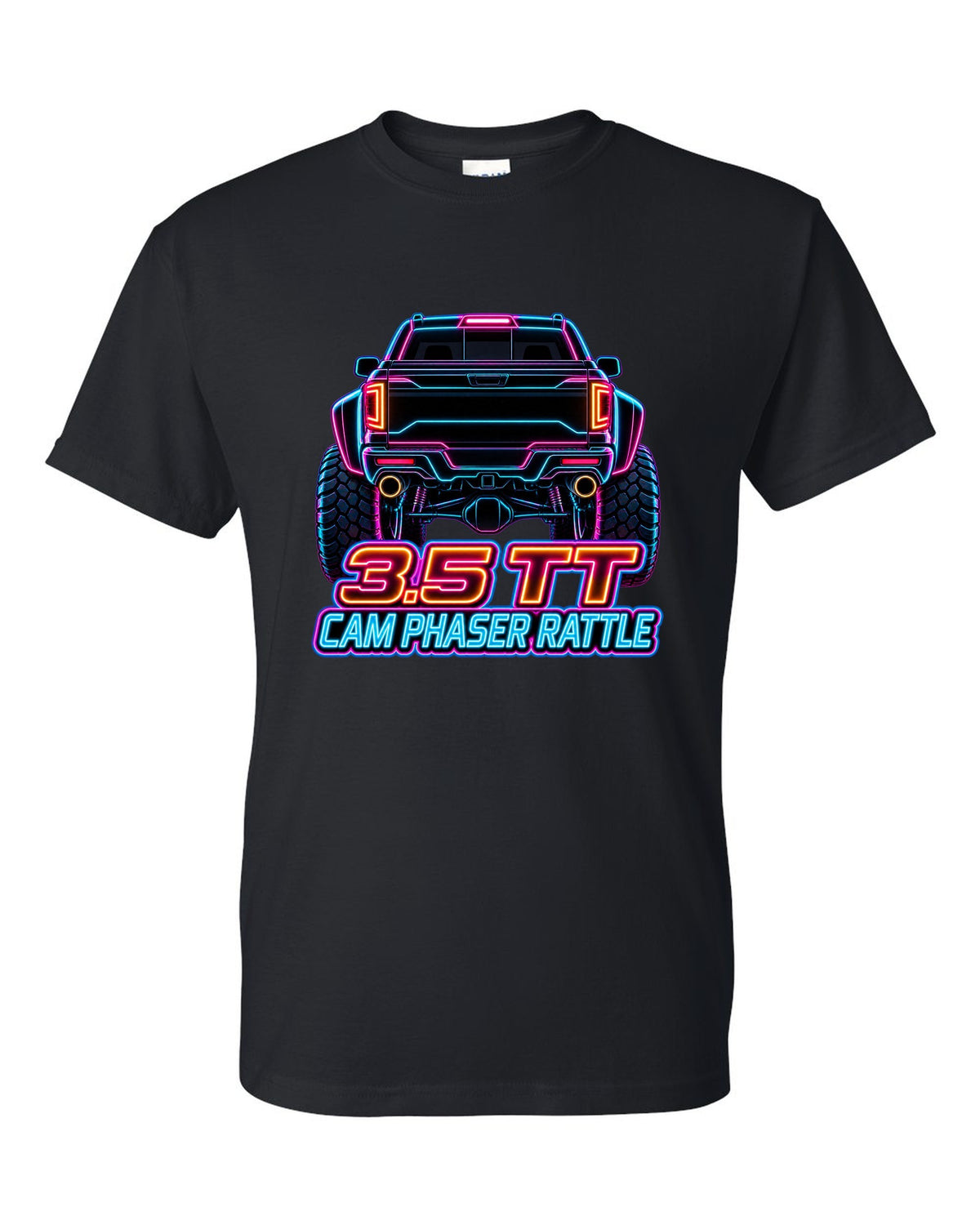 Neon outline print of a 2017-2020 Ford F-150 Raptor Gen 2 P552 taillights on black black t-shirt front view with the design