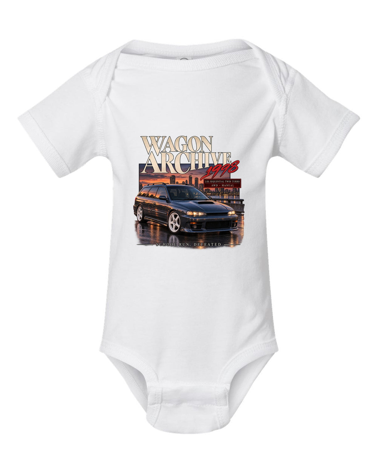 Wagon archive print for the Subaru Legacy GT-B BH5 reading 2.0L sequential twin turbo, school run, defeated white baby onesie front view with the design