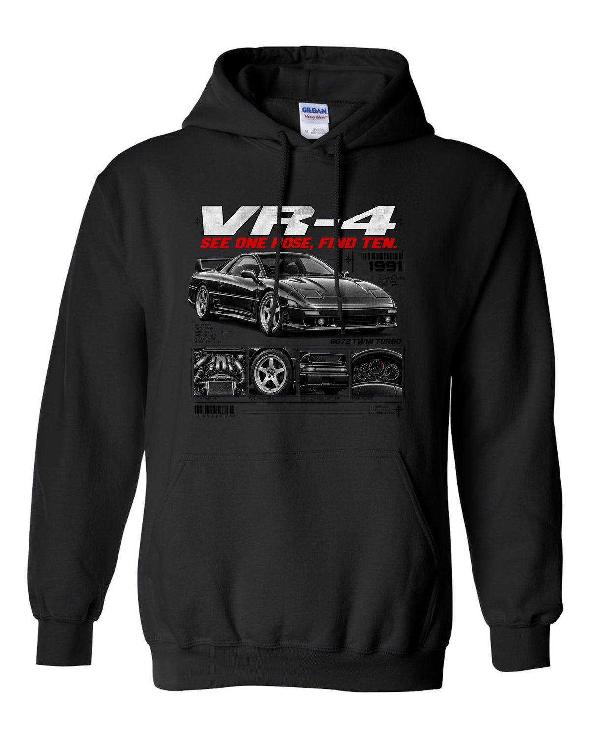 Mitsubishi 3000GT VR-4 Z16A dossier panel print with 6G72 twin turbo text black pull over hoodie front view with the design