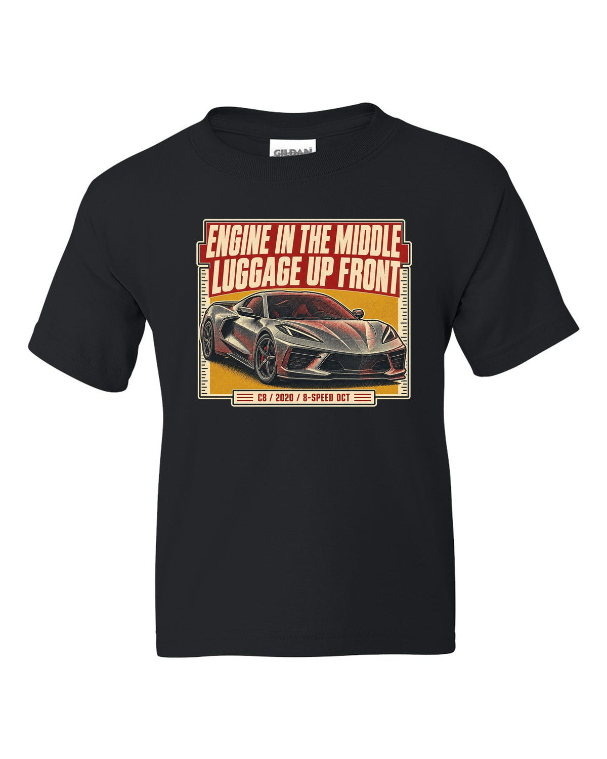 Halftone print of a Chevrolet Corvette C8 Stingray with engine in the middle text black kids tee front view with the design