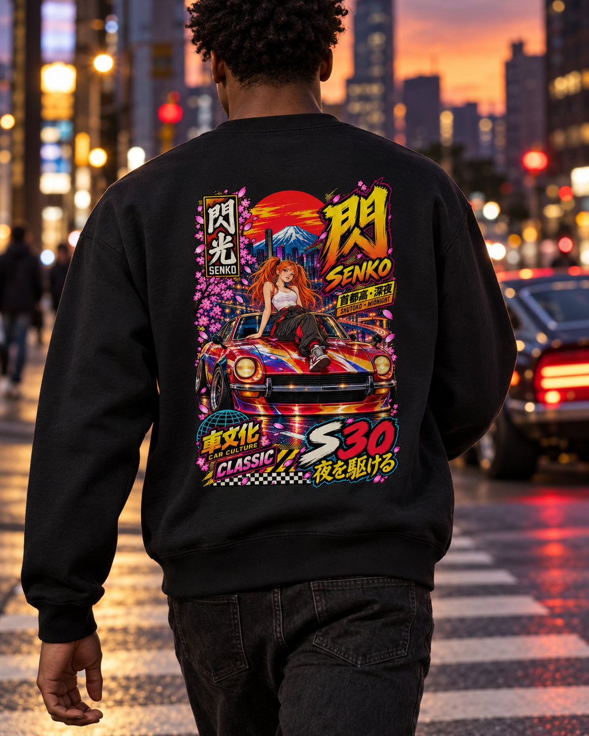 SENKO S30 Anime Girl Full-Back Graphic Tee Crewneck Black worn hero