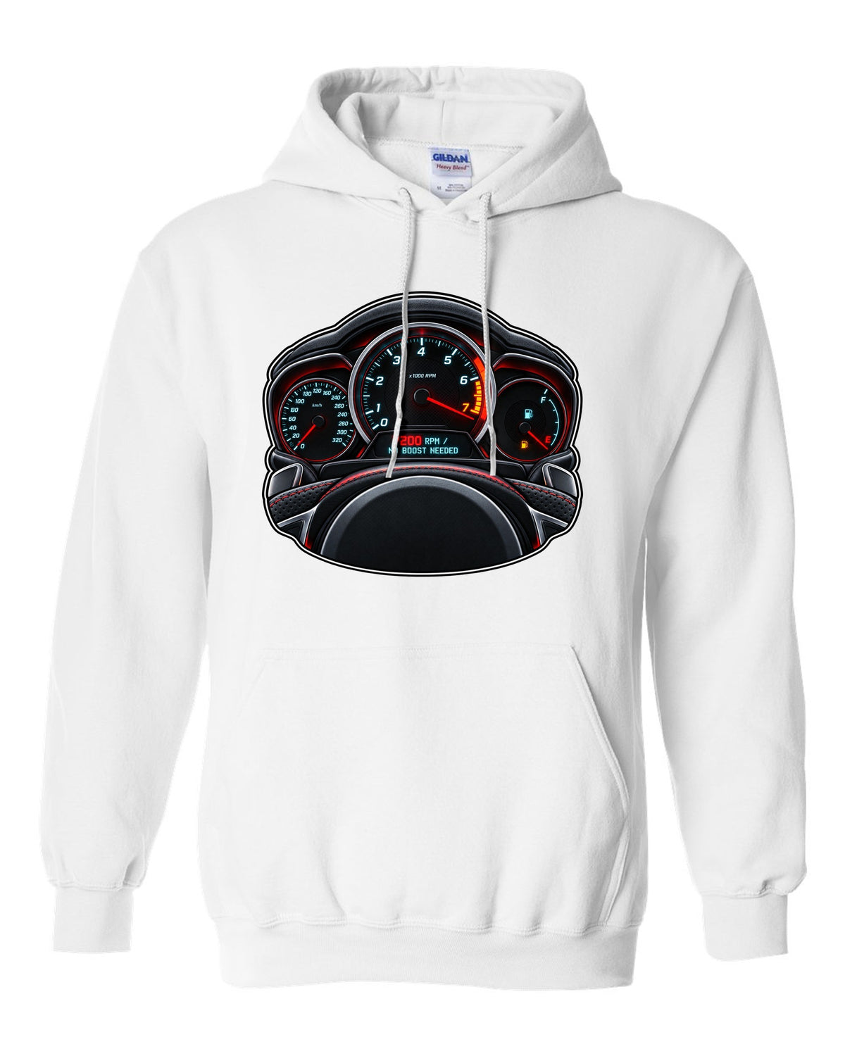 Gauge-cluster HUD print for a Mercedes C63 AMG W204 with 7200 RPM white pull over hoodie front view with the design