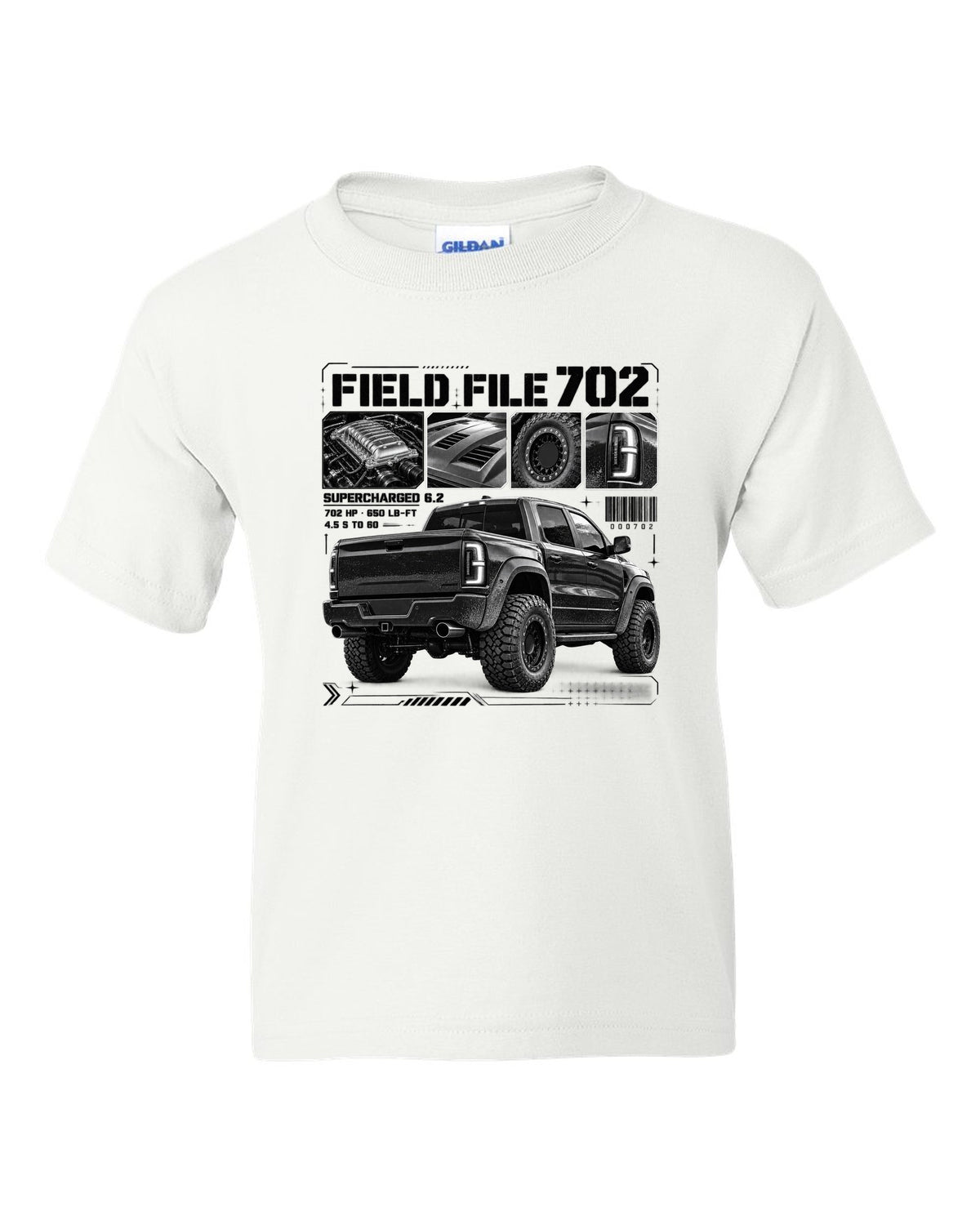 Dossier panels of a 2021-2024 Ram 1500 TRX with Field File 702, supercharged 6.2, 4.5 s to 60 white kids tee front view with the design