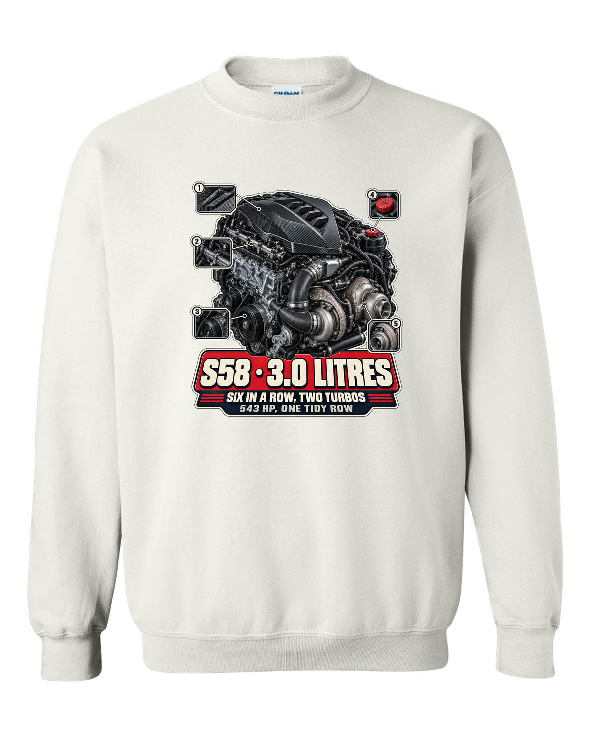 BMW M4 CSL G82 S58 engine bay hero print white crewneck front view with the design