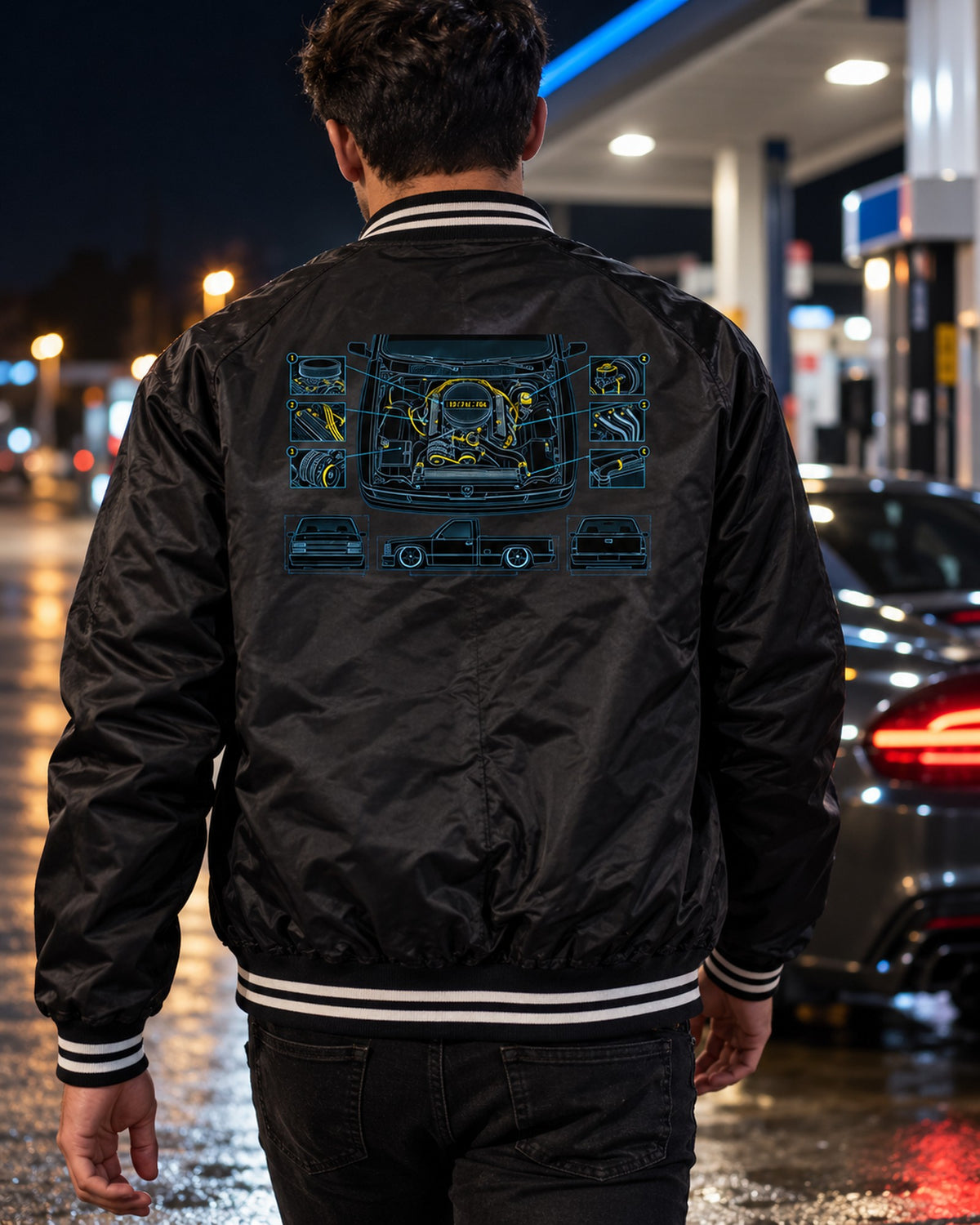 454 SS Pickup Engine Bay Blueprint Shirt, L19 7.4L Bomber Jacket Black worn hero