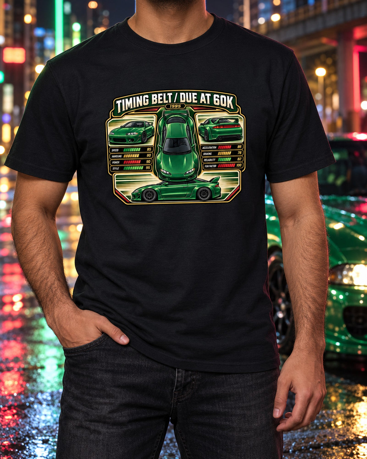 Widebody Trading Card Shirt, Mitsubishi Eclipse GSX 2G Tee T-Shirt Black worn hero