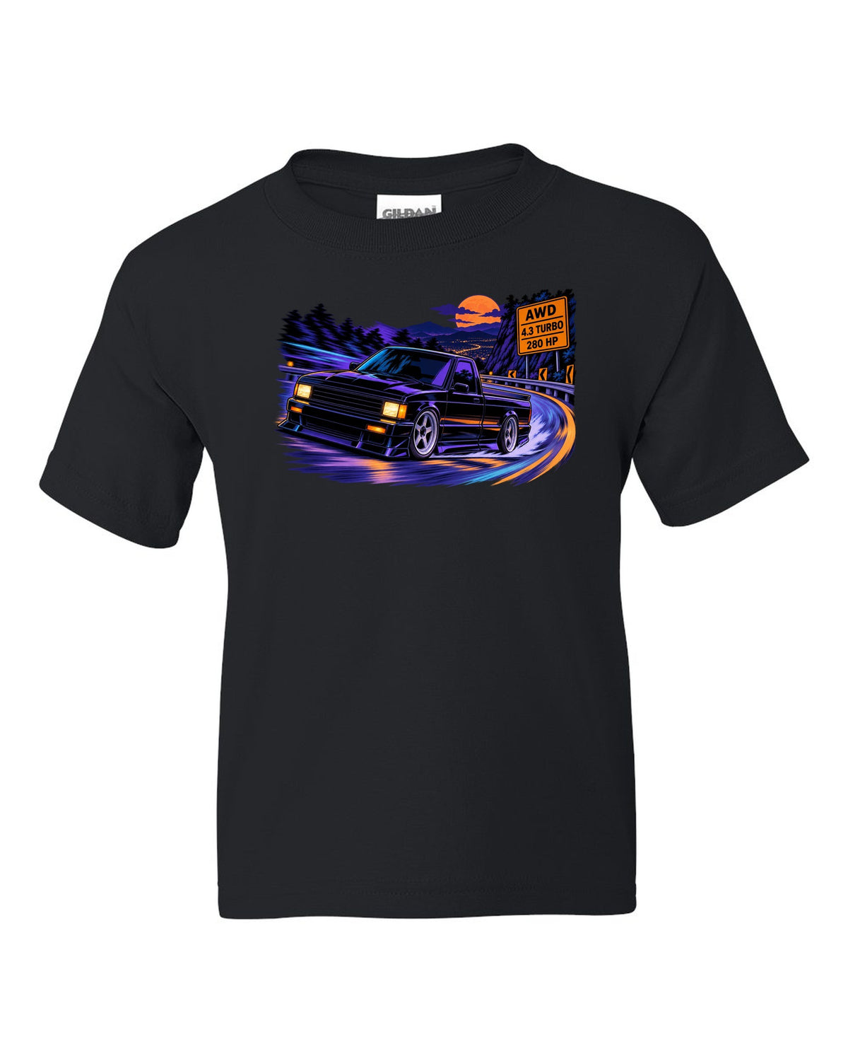 Cel-shaded anime night mountain road print of a 1991 GMC Syclone with AWD 4.3 turbo 280 HP lettering black kids tee front view with the design