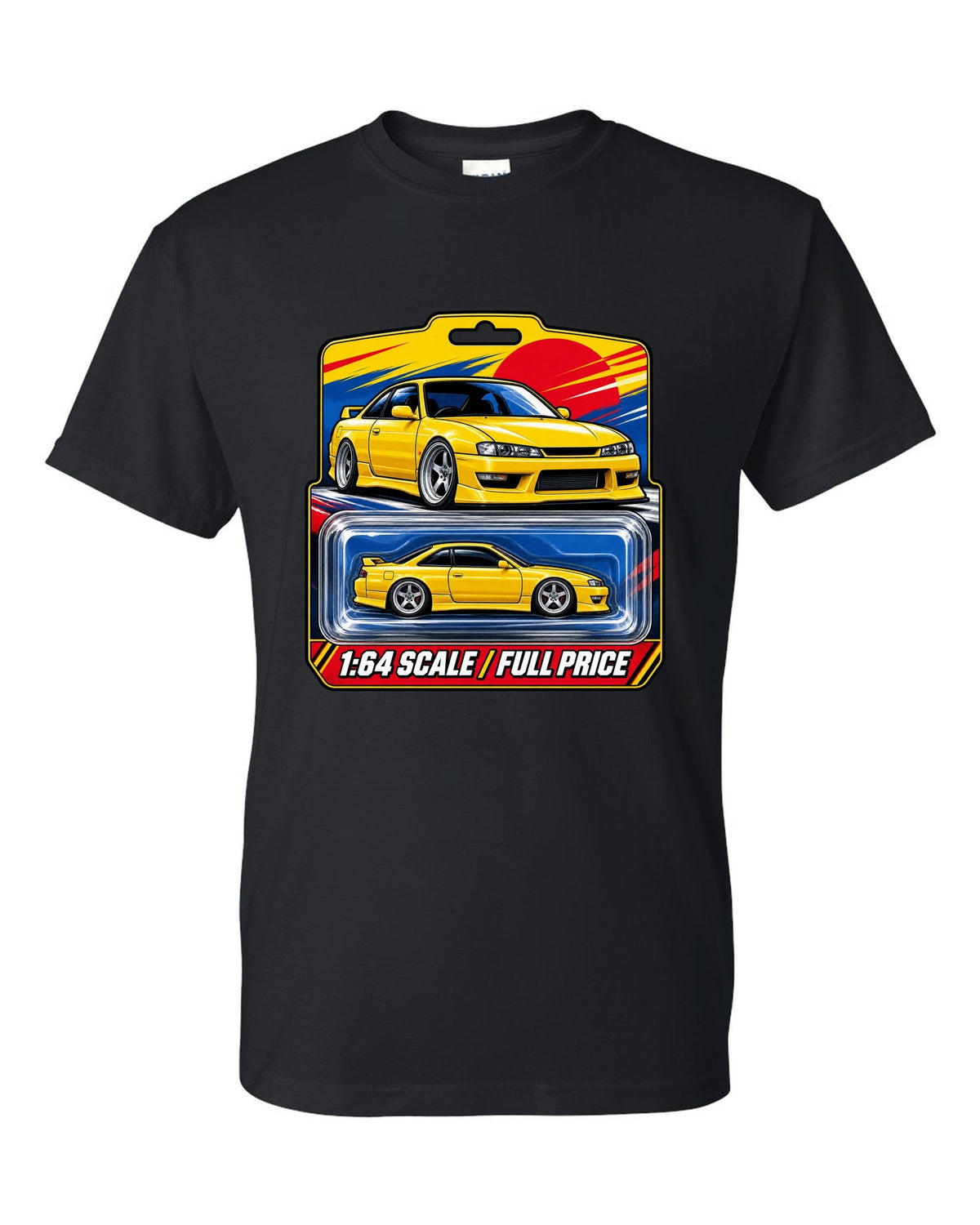 Toy blister card layout print of a Nissan Silvia S14 with 1:64 scale full price text black t-shirt front view with the design