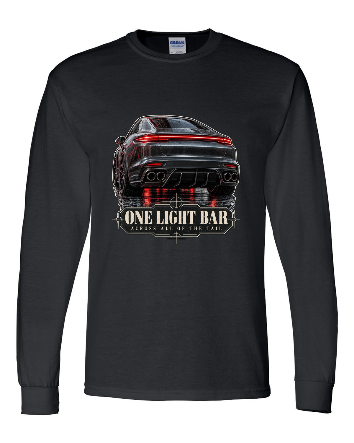 Close crop print of the full-width taillight bar on a Porsche Panamera Turbo S E-Hybrid G3 black long sleeve front view with the design