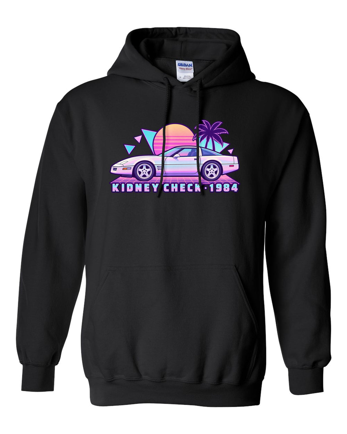 Pastel vaporwave print of a 1984 Chevrolet Corvette C4 coupe with Kidney Check text black pull over hoodie front view with the design