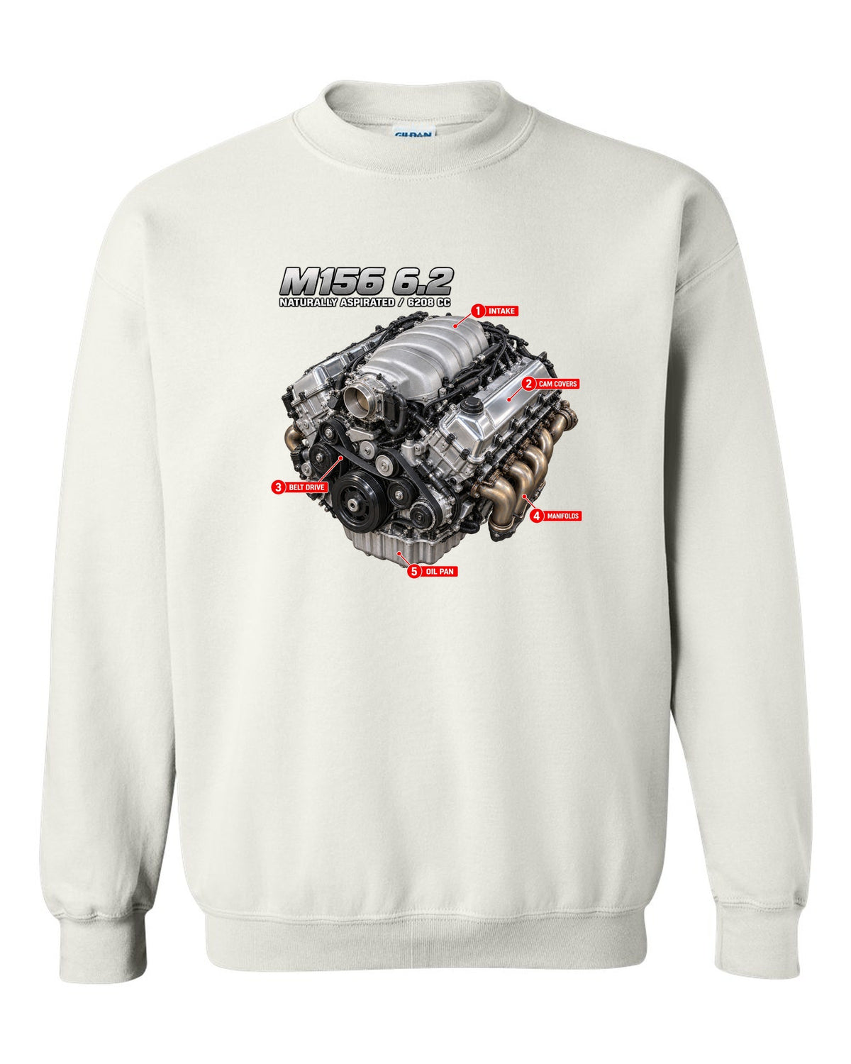 print of the Mercedes W204 C63 M156 6.2 V8 engine with text naturally aspirated 6208 cc white crewneck front view with the design