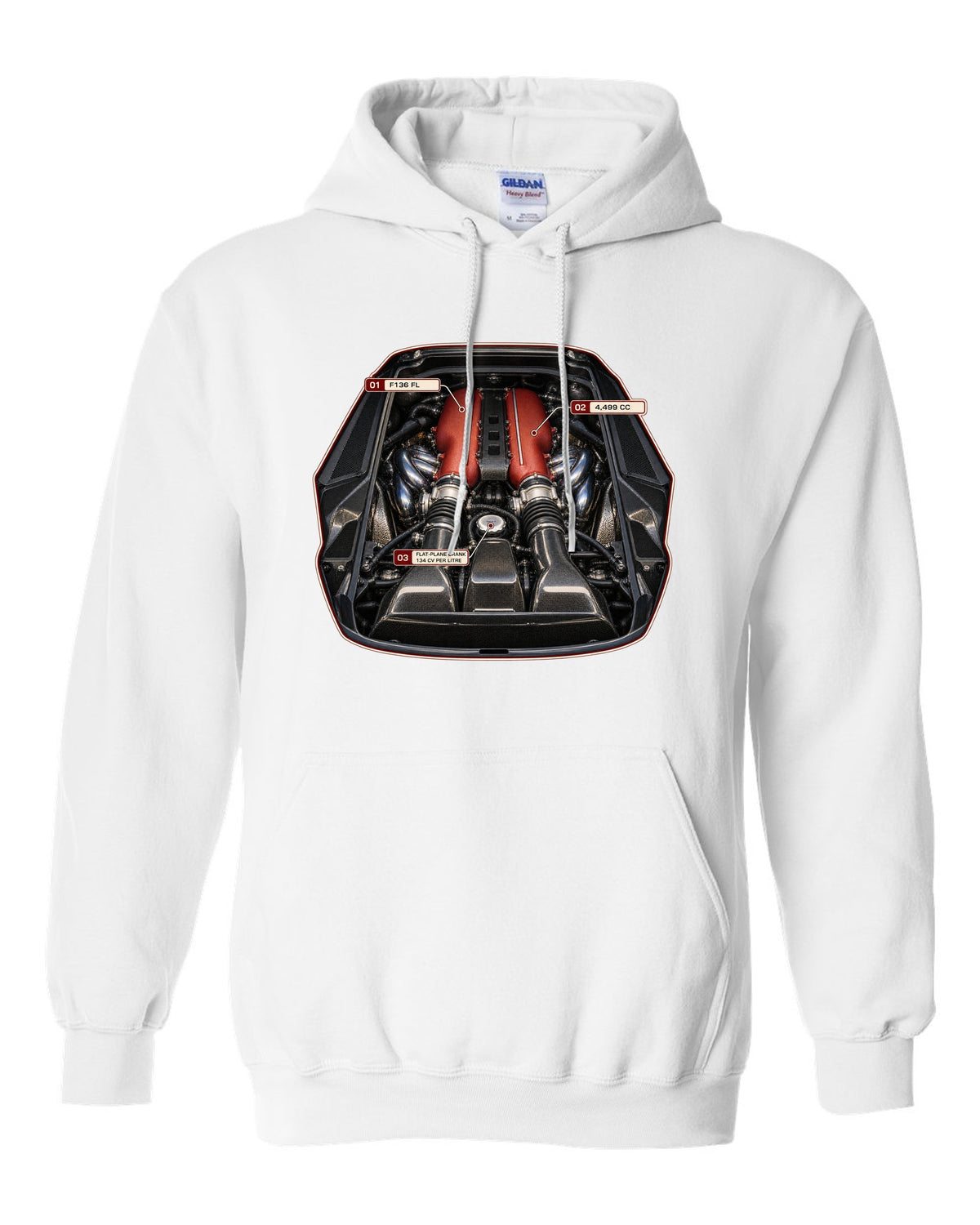 Engine bay print of the Ferrari 458 Speciale F136 FL V8 white pull over hoodie front view with the design