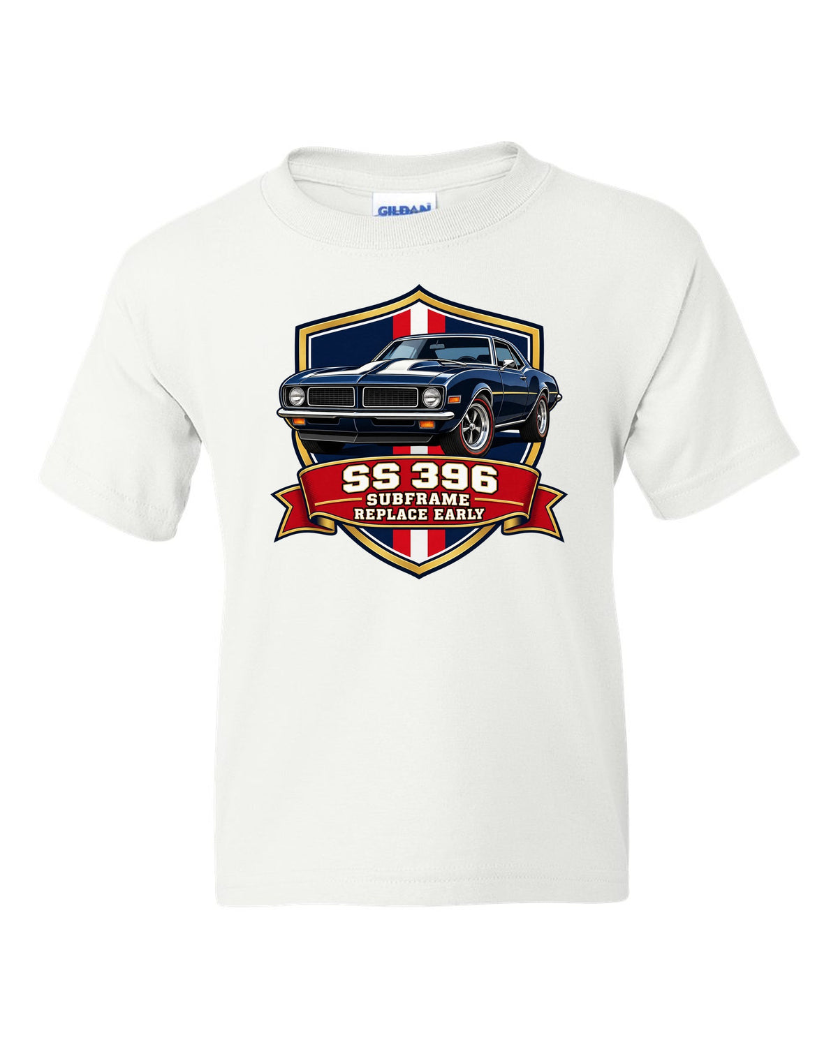 1968 Camaro SS 396 in a varsity shield design with text SS 396 Subframe Replace Early white kids tee front view with the design