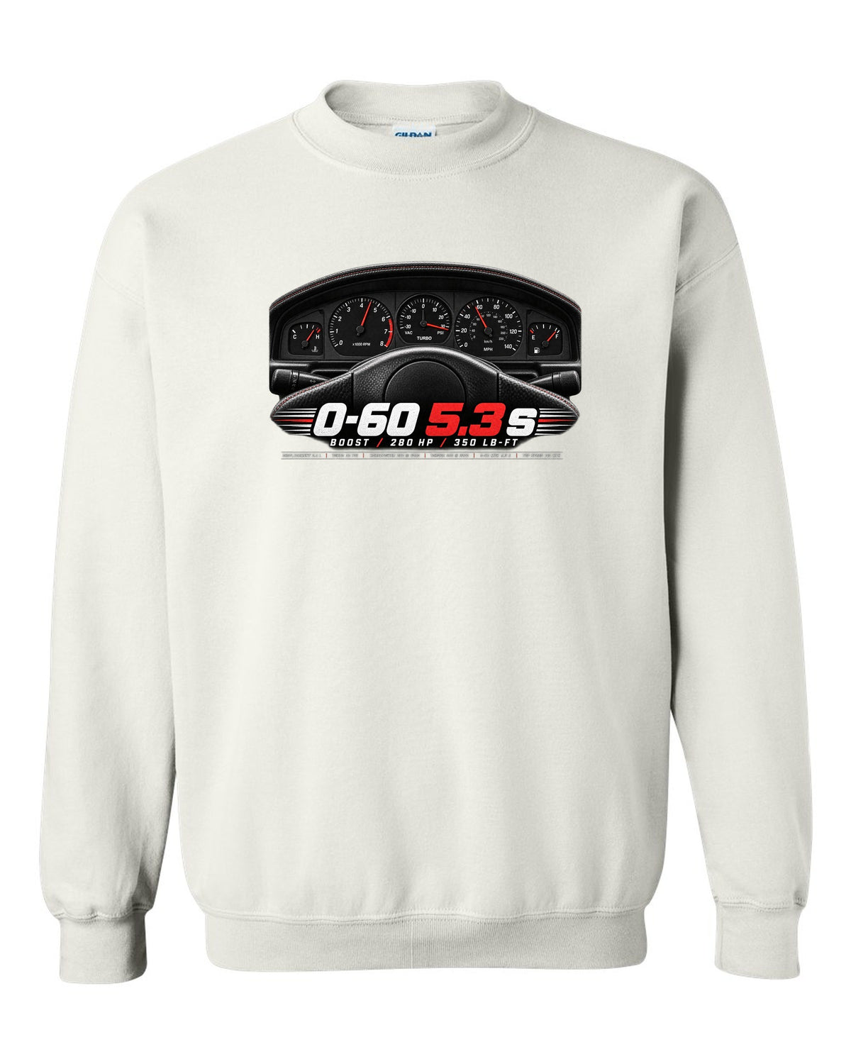print of a 1991 GMC Syclone gauge cluster crop with boost and speed figures white crewneck front view with the design