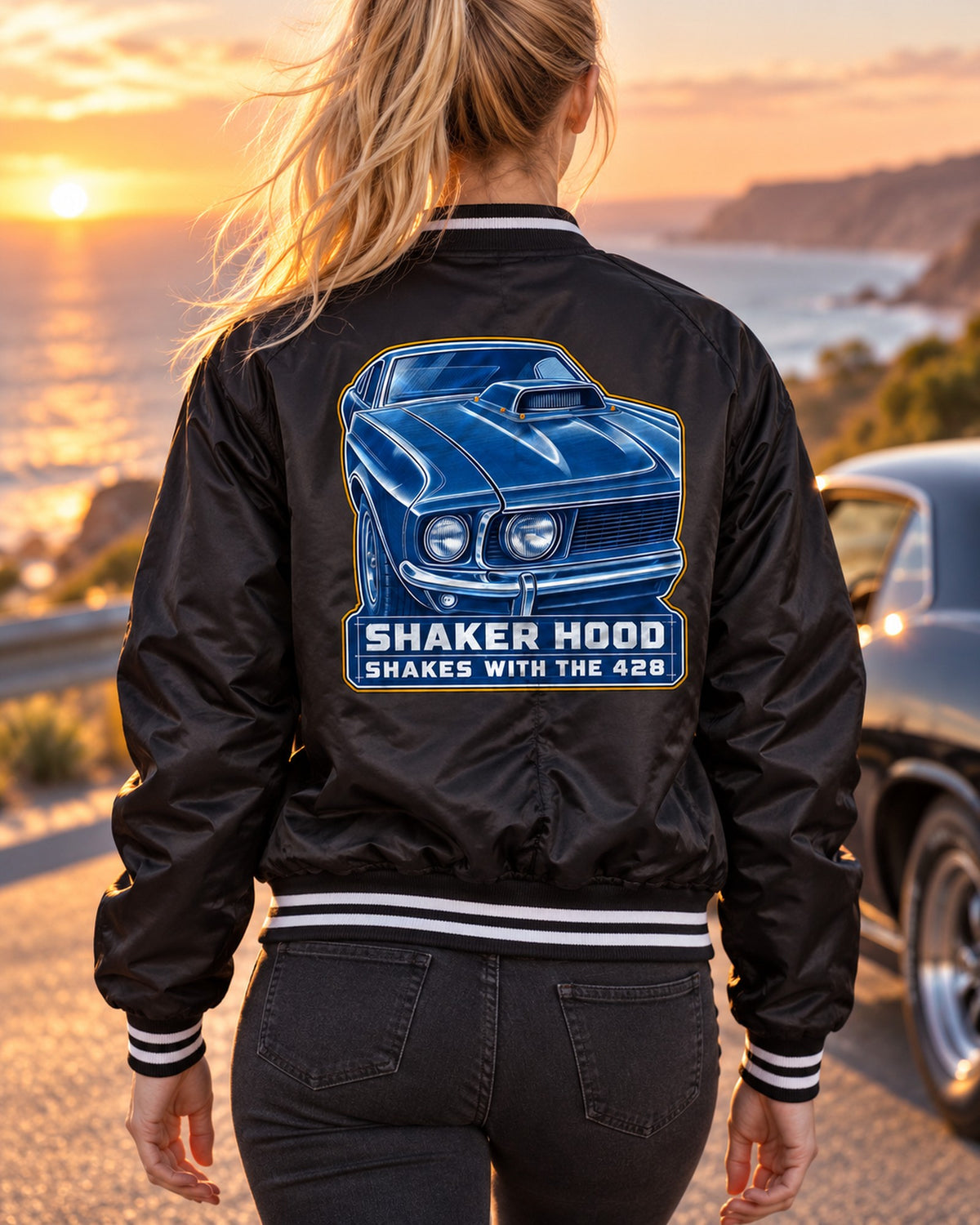 1969 Ford Mustang Fastback Shaker Hood Cyanotype Shirt Bomber Jacket Black worn hero