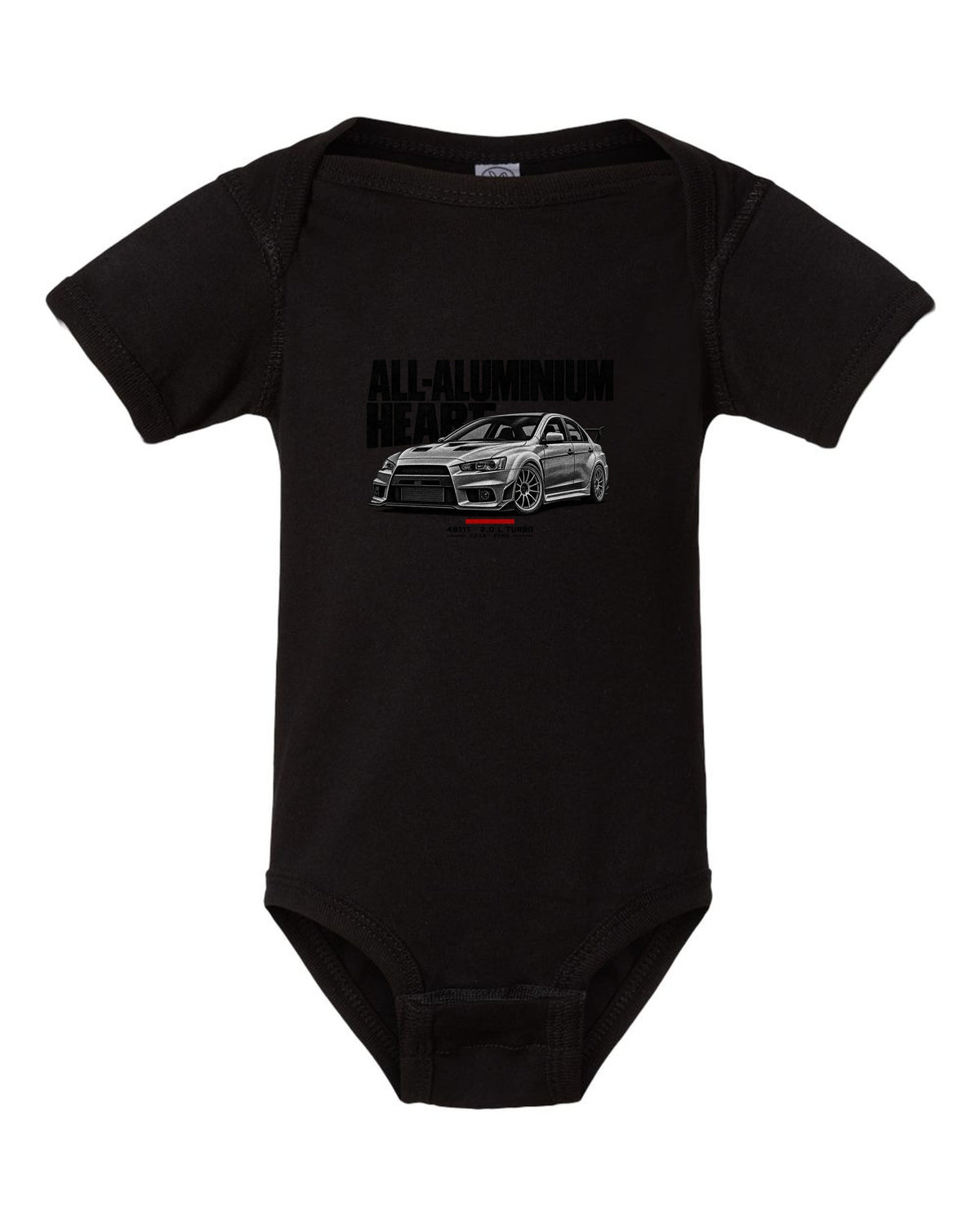 Halftone Mitsubishi Lancer Evolution X CZ4A with all-aluminium 4B11T text black baby onesie front view with the design