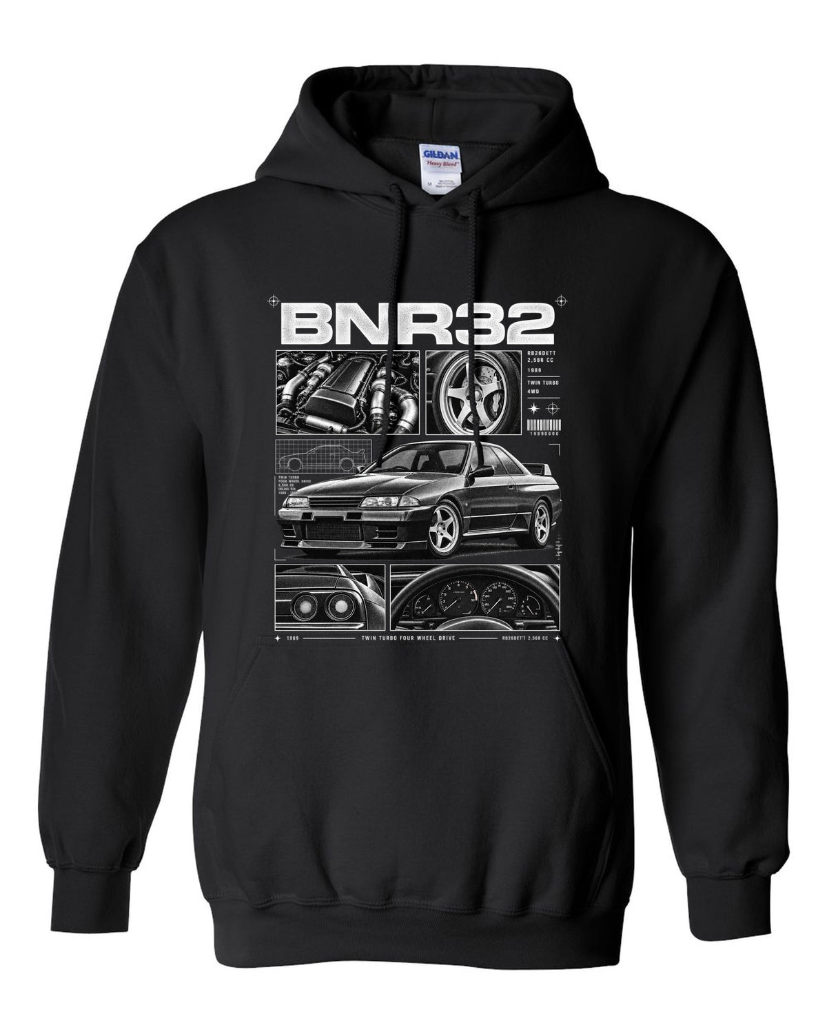 Dossier panel print of a Nissan Skyline GT-R R32 BNR32 with RB26DETT specs black pull over hoodie front view with the design