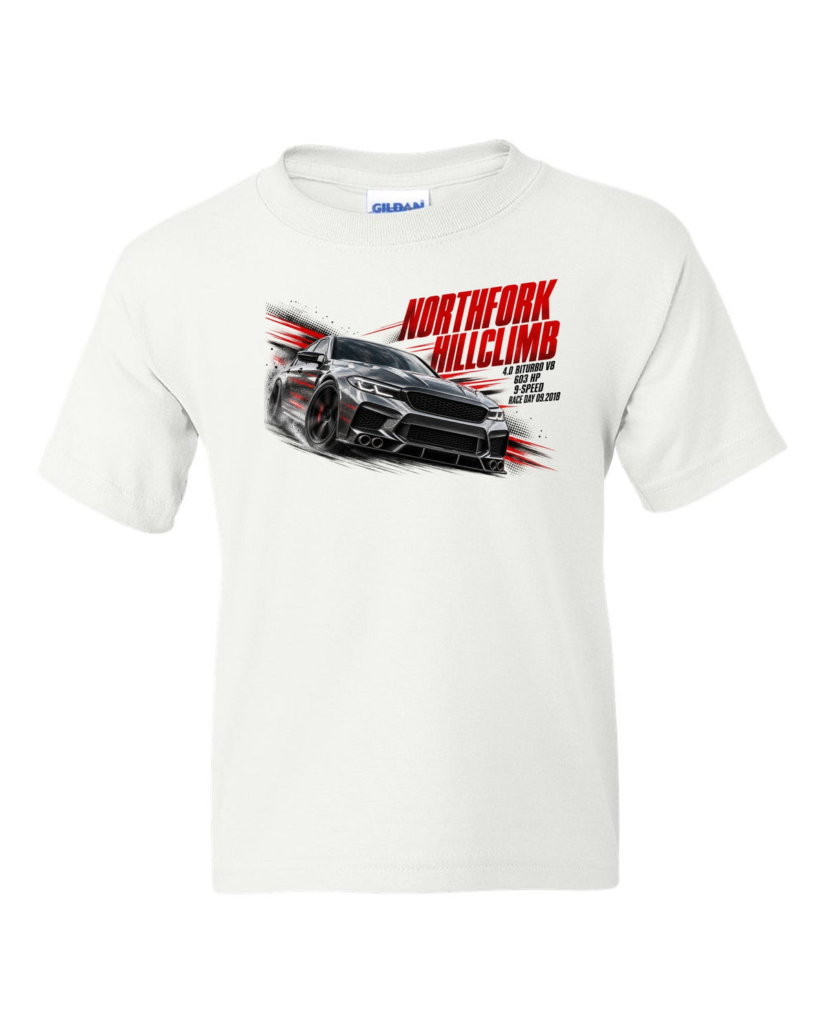 print race poster of a Mercedes W213 E63 S sedan for a hillclimb with text 4.0 Biturbo race day 09.2018 white kids tee front view with the design