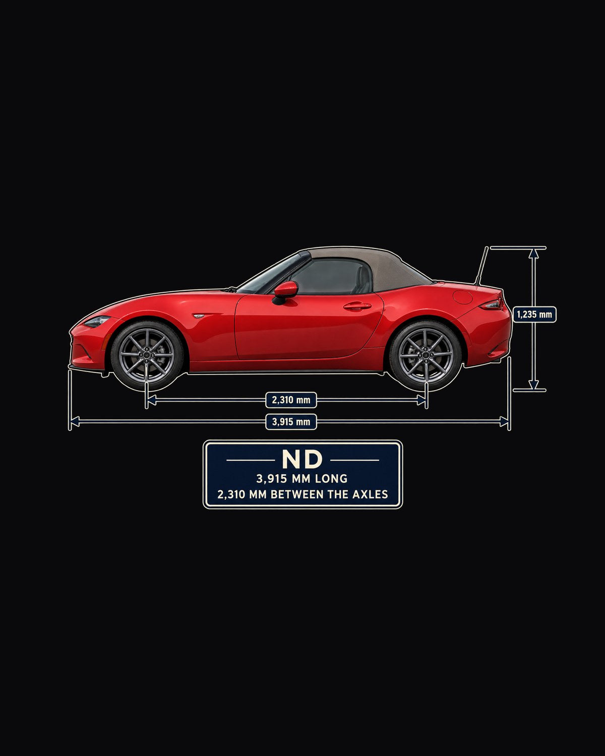 Mazda MX-5 ND1 Soft Top Dimension Blueprint Shirt, Miata Gift design only