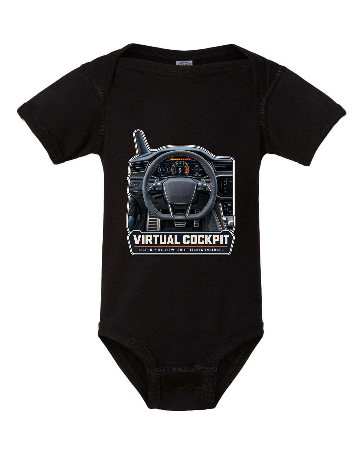 Audi RS7 Sportback C8 virtual cockpit gauge cluster print design black baby onesie front view with the design