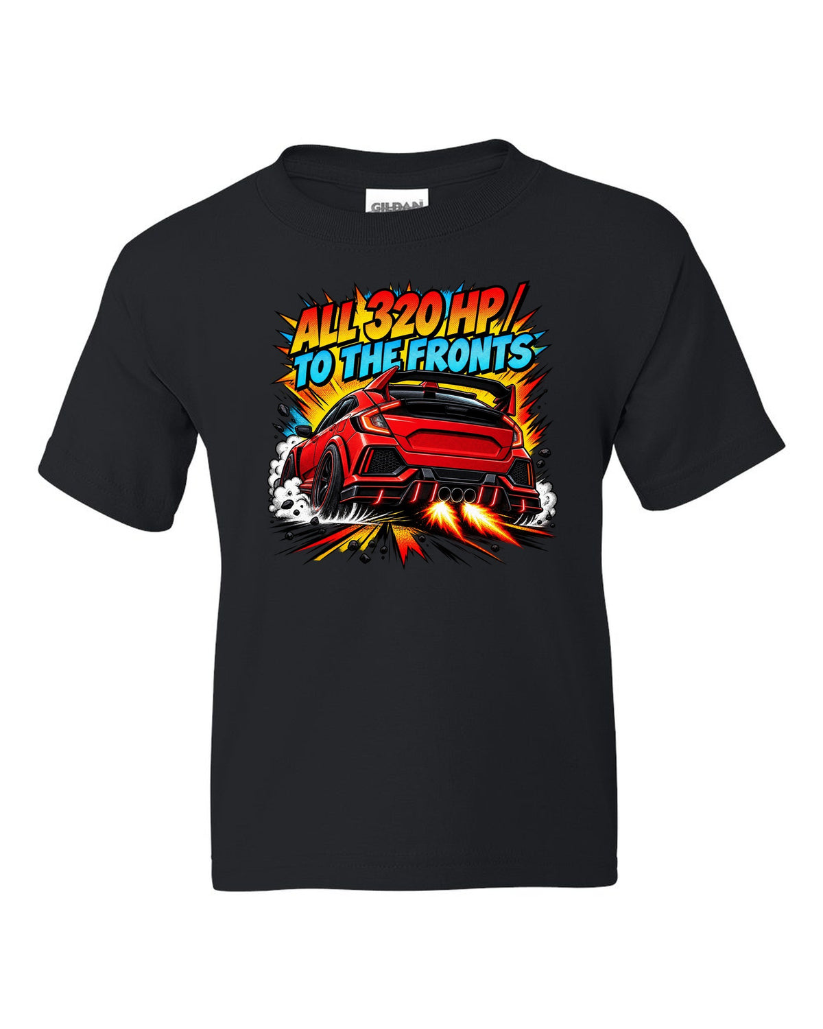 Halftone comic print of a Honda Civic Type R FK8 with triple exhaust and 320 HP text black kids tee front view with the design