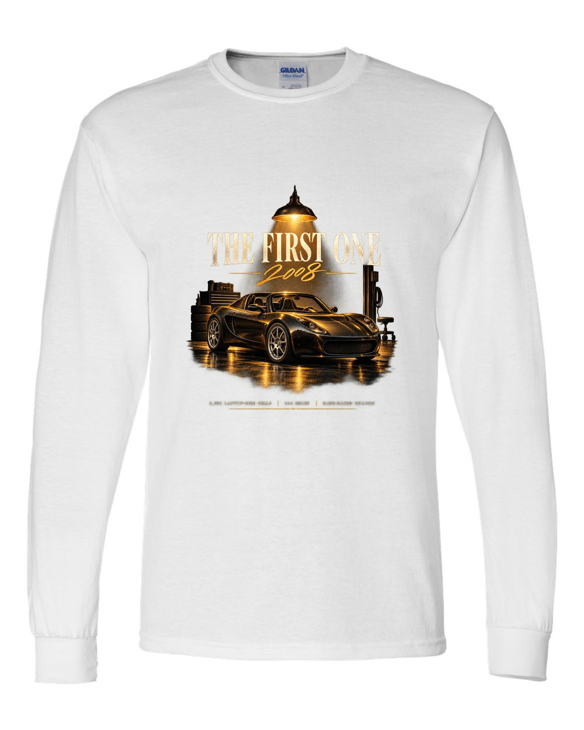 Garage night print of a first generation 2008 Tesla Roadster white long sleeve front view with the design