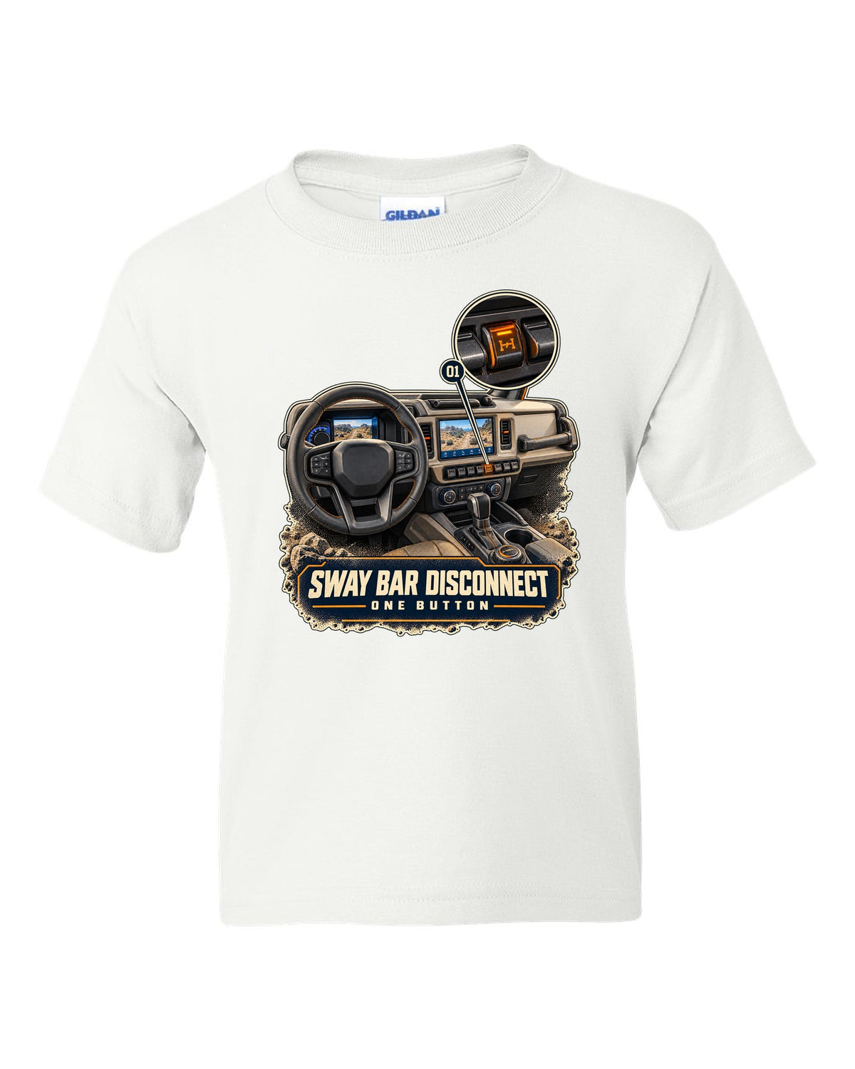 Ford Bronco Badlands dash with sway bar disconnect switch print white kids tee front view with the design
