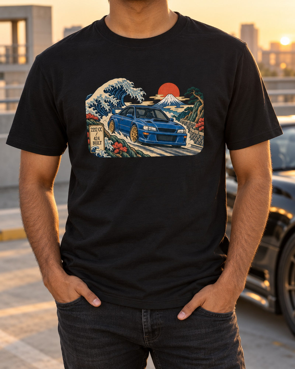 Subaru Impreza 22B STI GC8 Woodblock Wave Shirt, JDM Tee T-Shirt Black worn hero