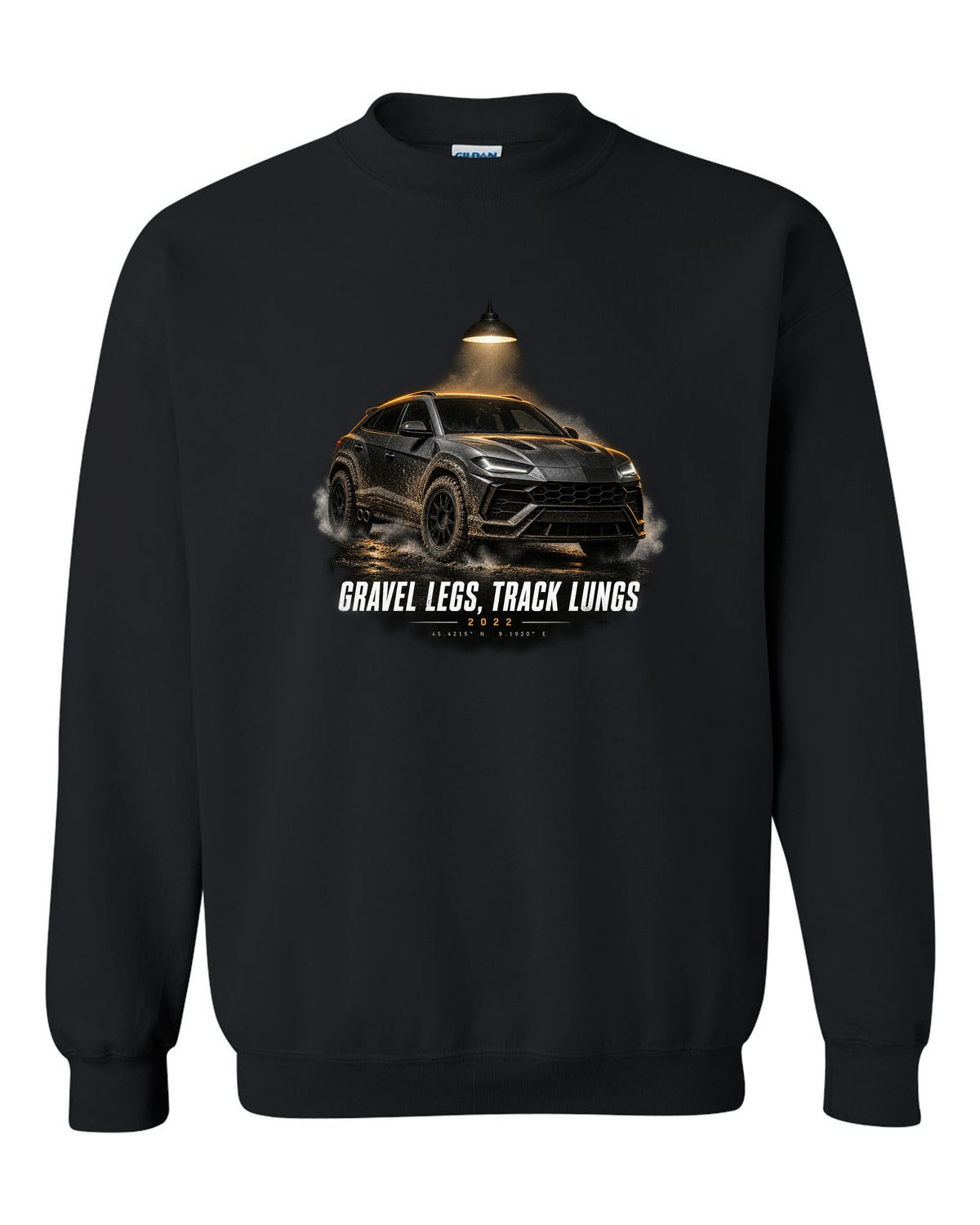 Lamborghini Urus Performante 2022 garage night print, gravel legs track lungs black crewneck front view with the design