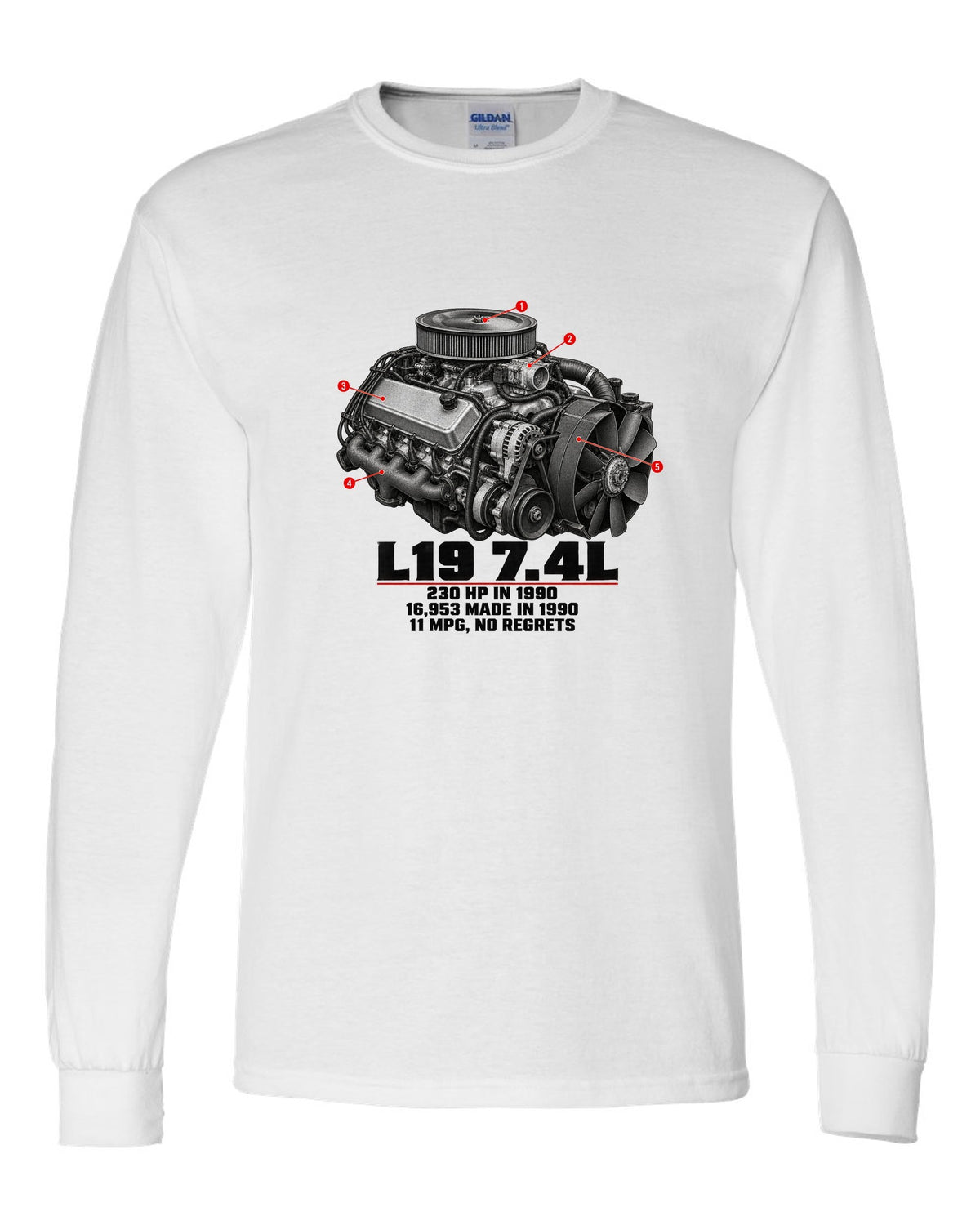 Engine print of a 1990-93 Chevrolet 454 SS pickup with L19 7.4L and 230 HP text white long sleeve front view with the design