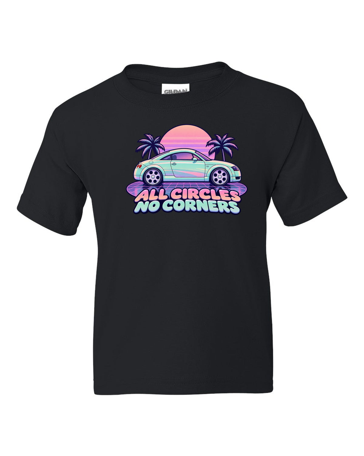 Pastel vaporwave print of an Audi TT Coupe 8N with all circles no corners text black kids tee front view with the design