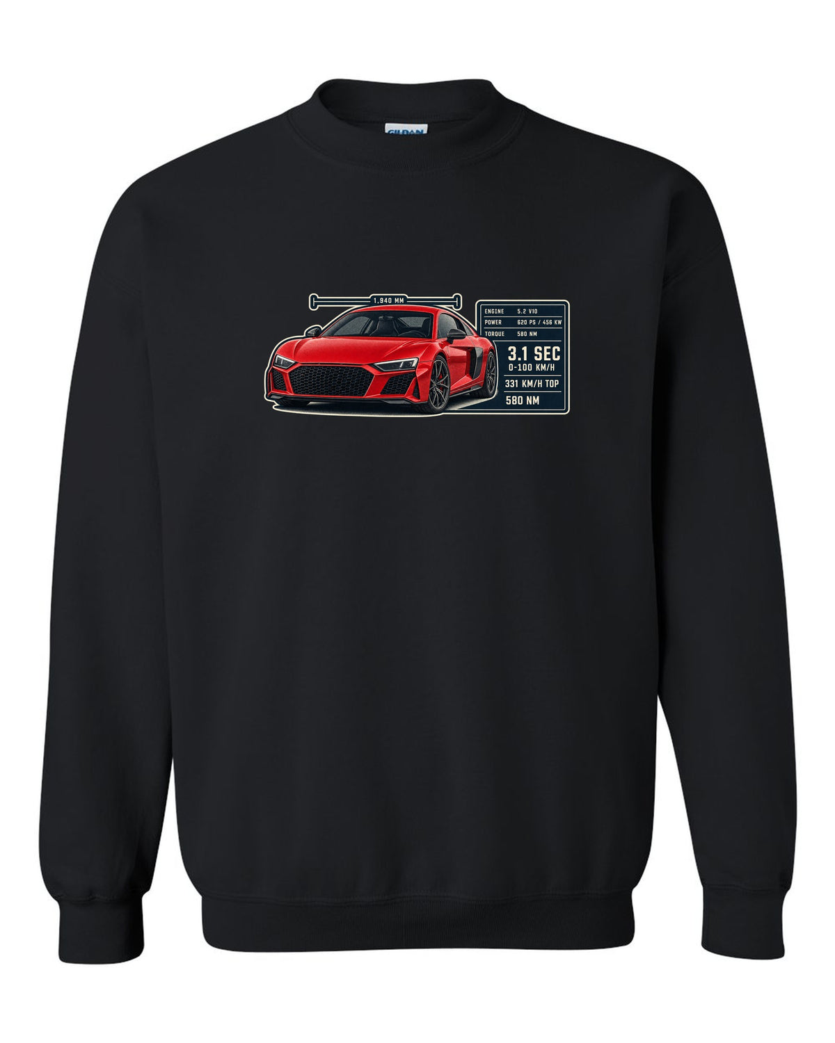 Audi R8 V10 performance coupe spec poster print design black crewneck front view with the design