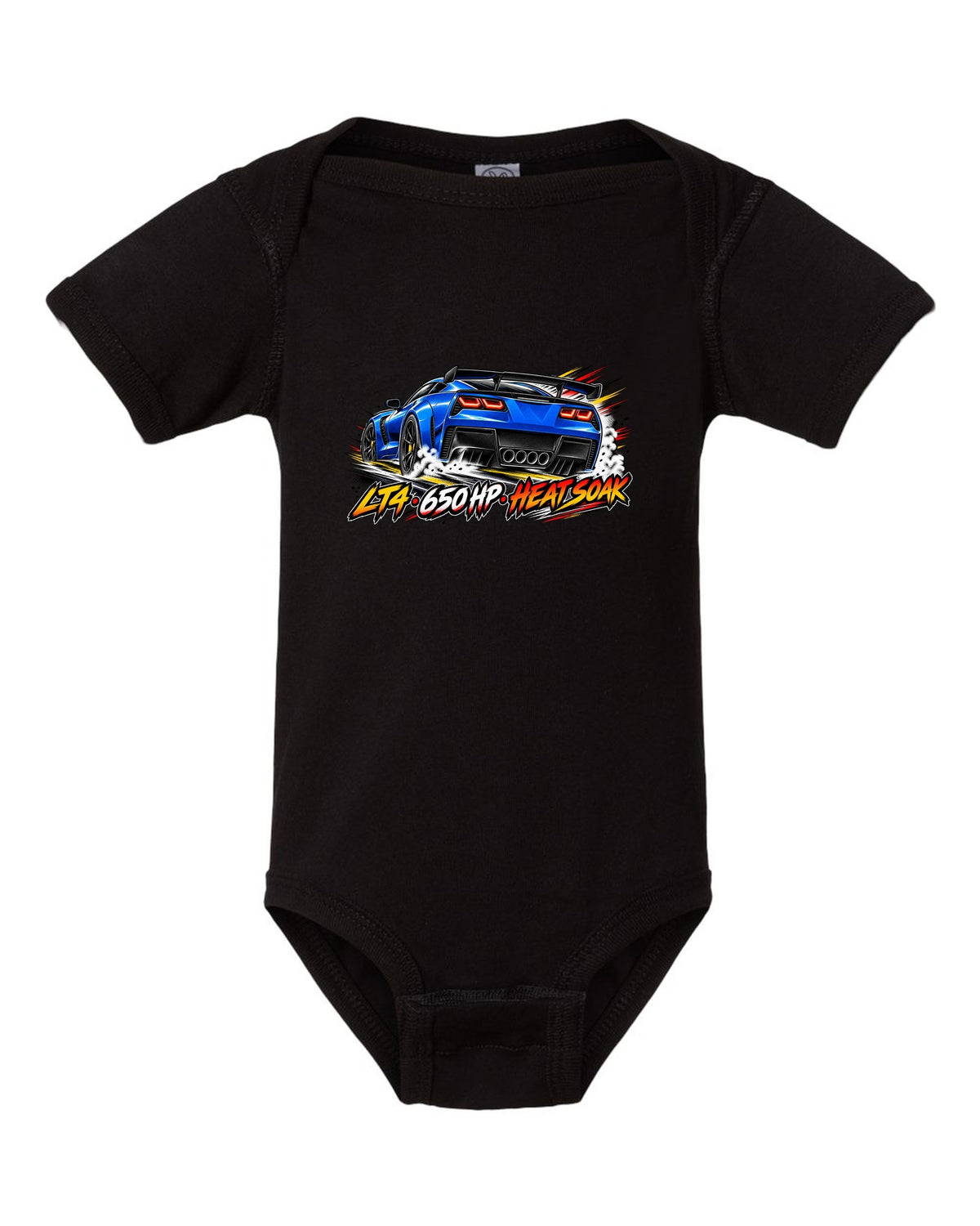 Retro manga halftone panel print of a 2016 Chevrolet Corvette C7 Z06 with LT4 650 HP heat soak lettering black baby onesie front view with the design