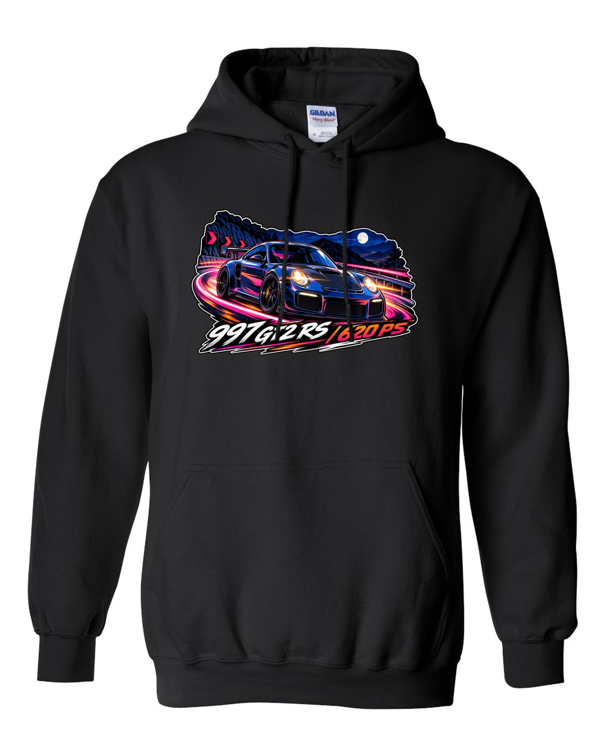 Cel-shaded anime night touge design featuring the Porsche 997 GT2 RS with 620 PS lettering black pull over hoodie front view with the design