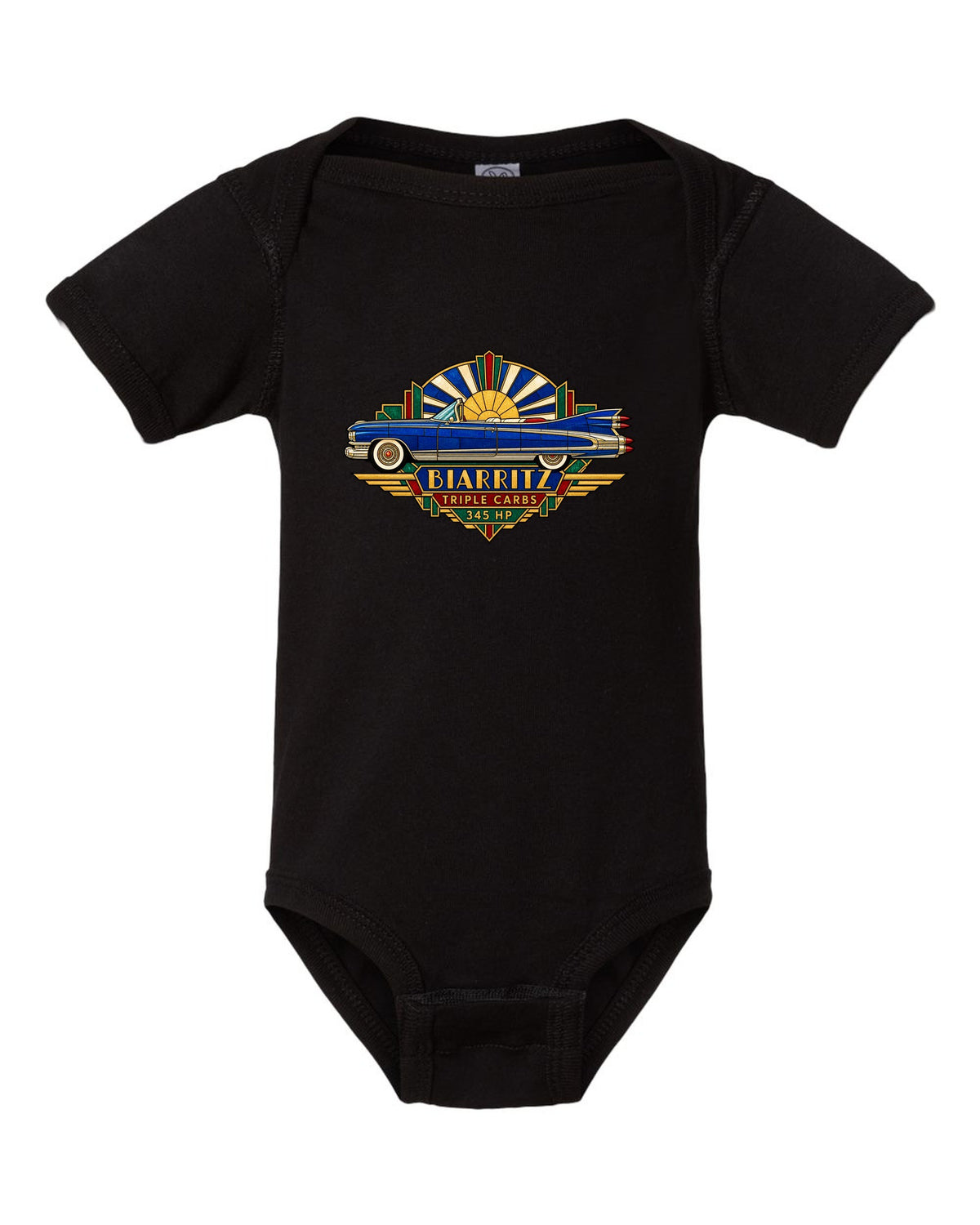 1959 Cadillac Eldorado Biarritz in Art Deco stained-glass geometric style black baby onesie front view with the design