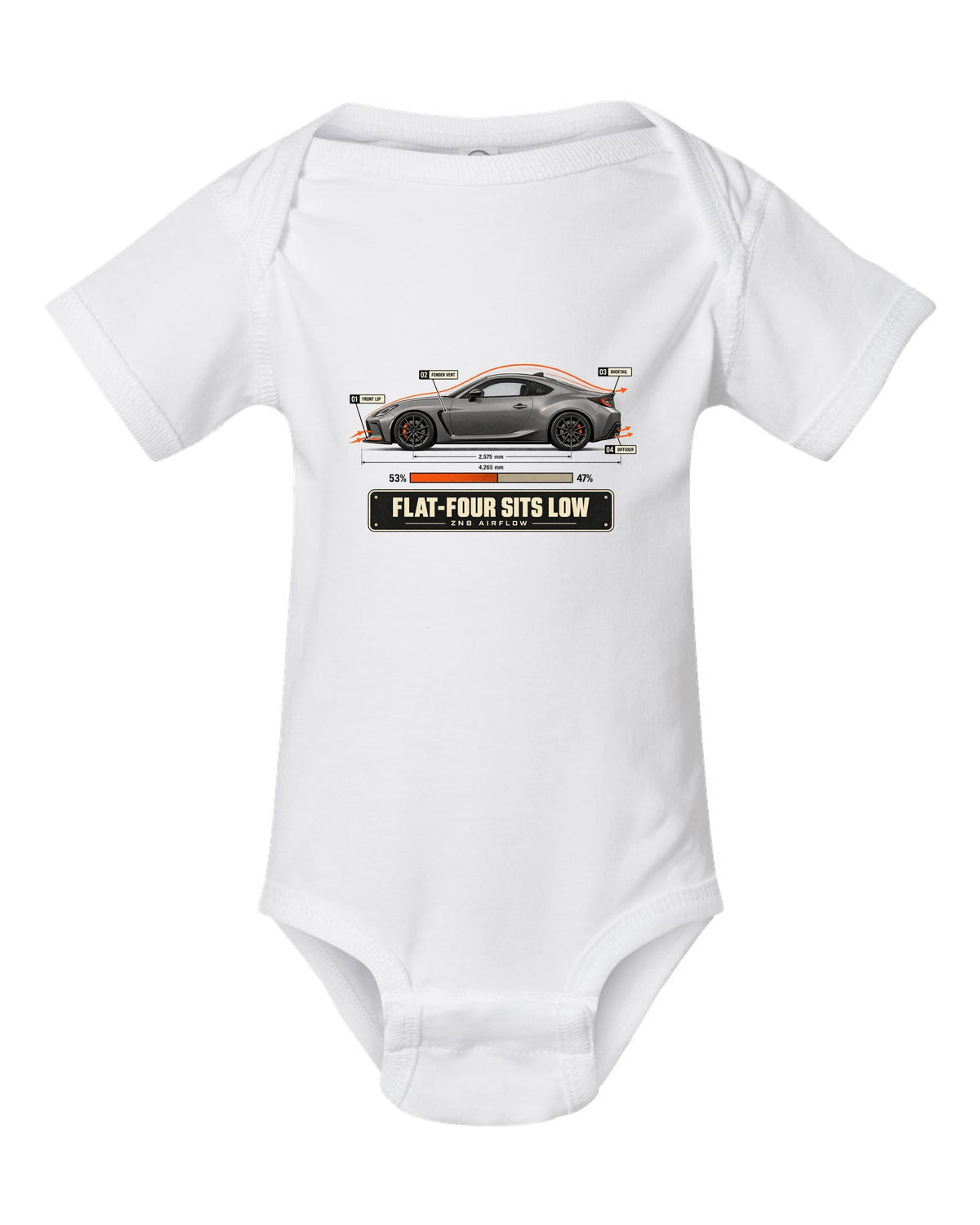 Cutaway-style airflow diagram of a Toyota GR86 ZN8 with callouts, poster-style print white baby onesie front view with the design