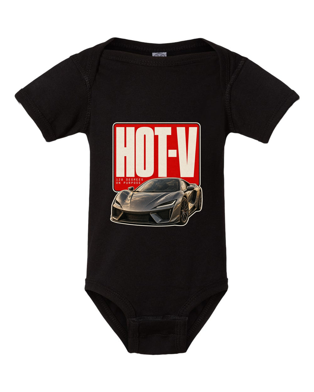 Editorial headline print of a McLaren Artura with hot-V 120 degree text black baby onesie front view with the design
