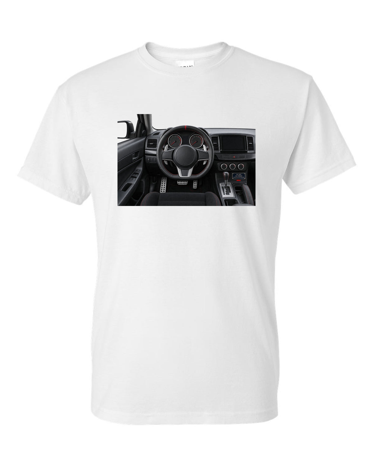 Mitsubishi Lancer Evolution X driver view cockpit and gauges print white t-shirt front view with the design
