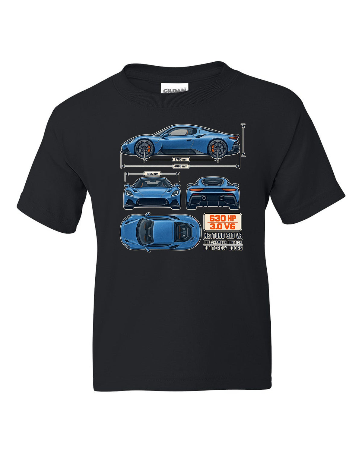 Maserati MC20 dimension blueprint print on a shirt black kids tee front view with the design