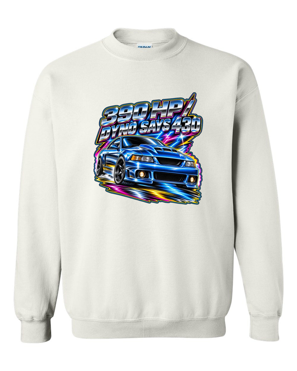 80s airbrush chrome 2003 supercharged Ford Mustang coupe with 390 HP text white crewneck front view with the design