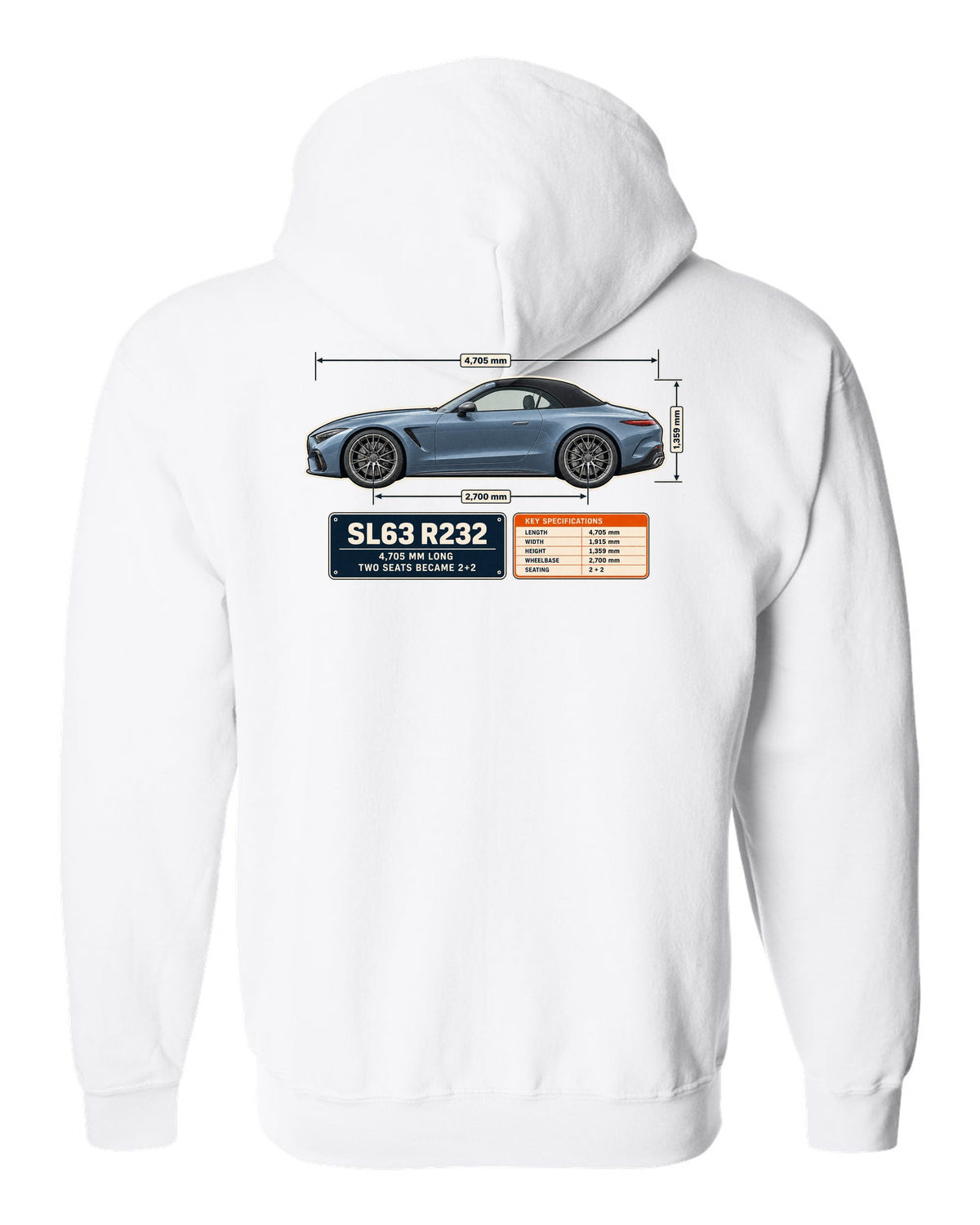 Mercedes-AMG SL63 R232 Dimension Blueprint white zip hoodie back view with the design