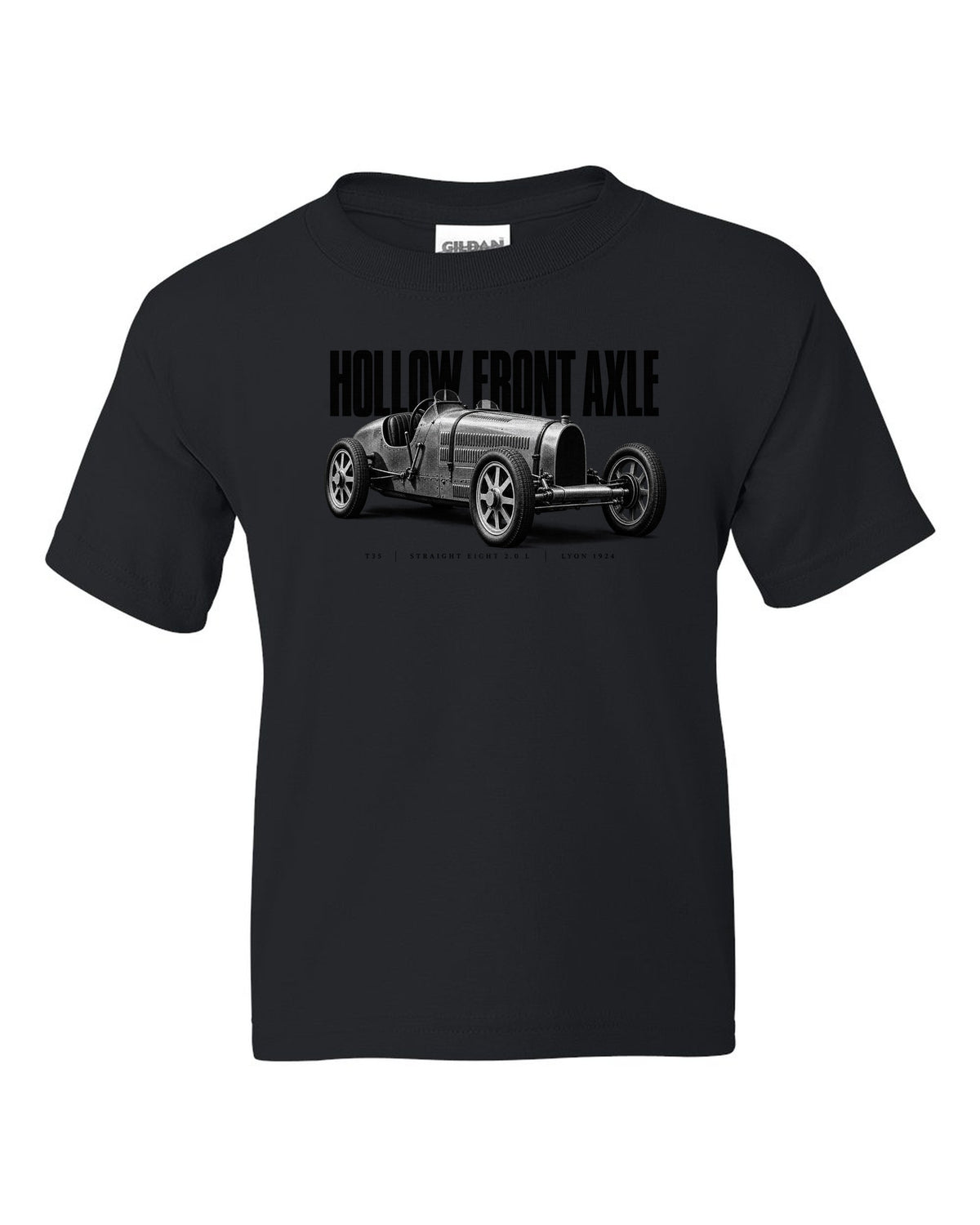Bugatti Type 35 1924 hollow axle halftone print black kids tee front view with the design