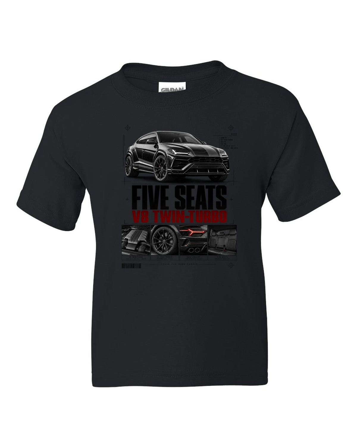 Lamborghini Urus 2018 dossier panel print: five seats, V8 twin-turbo black kids tee front view with the design